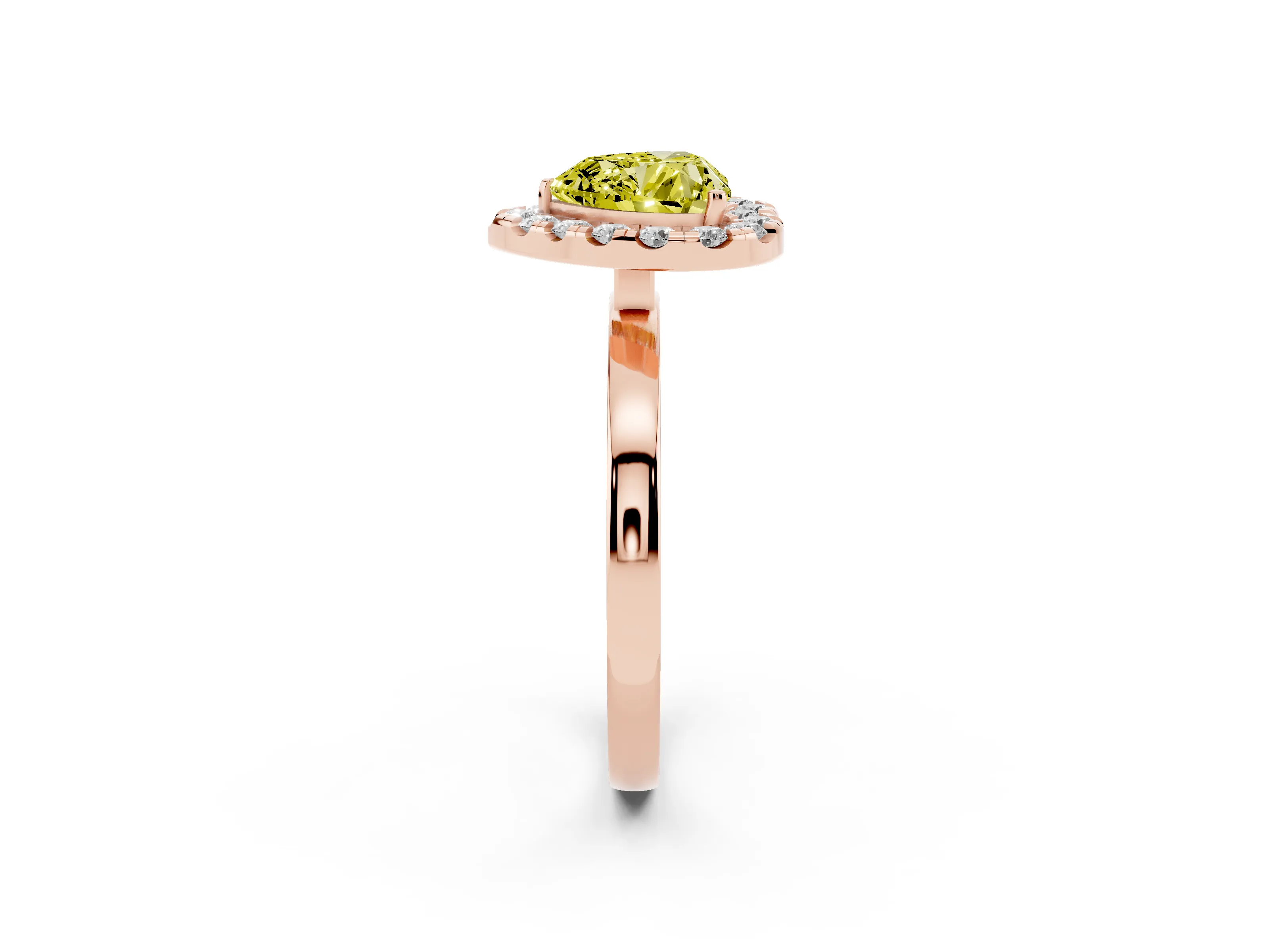 Fancy Yellow Heart Cut Diamond Halo Solitaire Ring Set in Rose gold with Pavé Band and Prong Setting