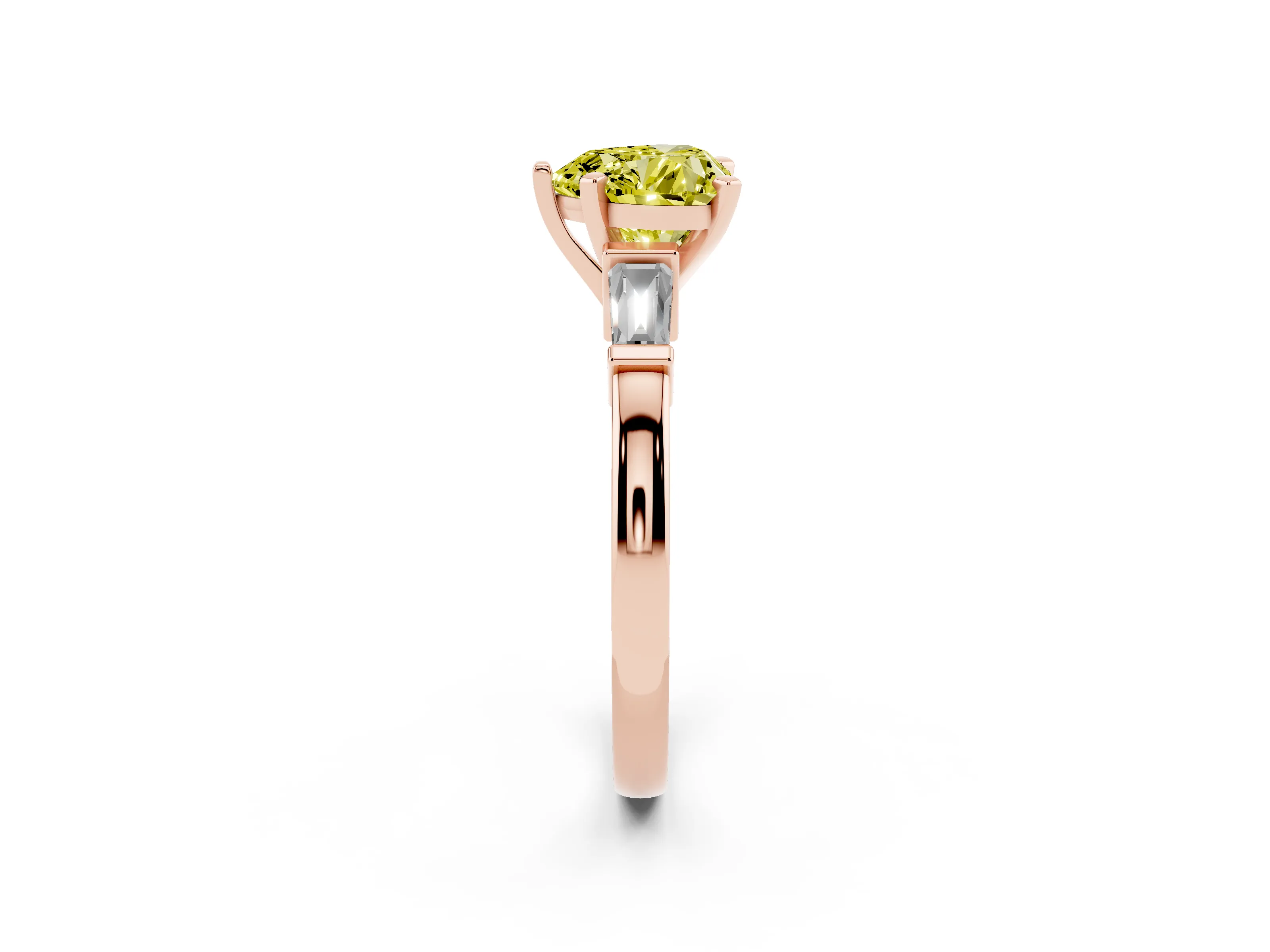 Fancy Yellow Heart Cut Diamond Solitaire Ring Set in Rose gold with Tapered Baguette Accents and Prong Setting