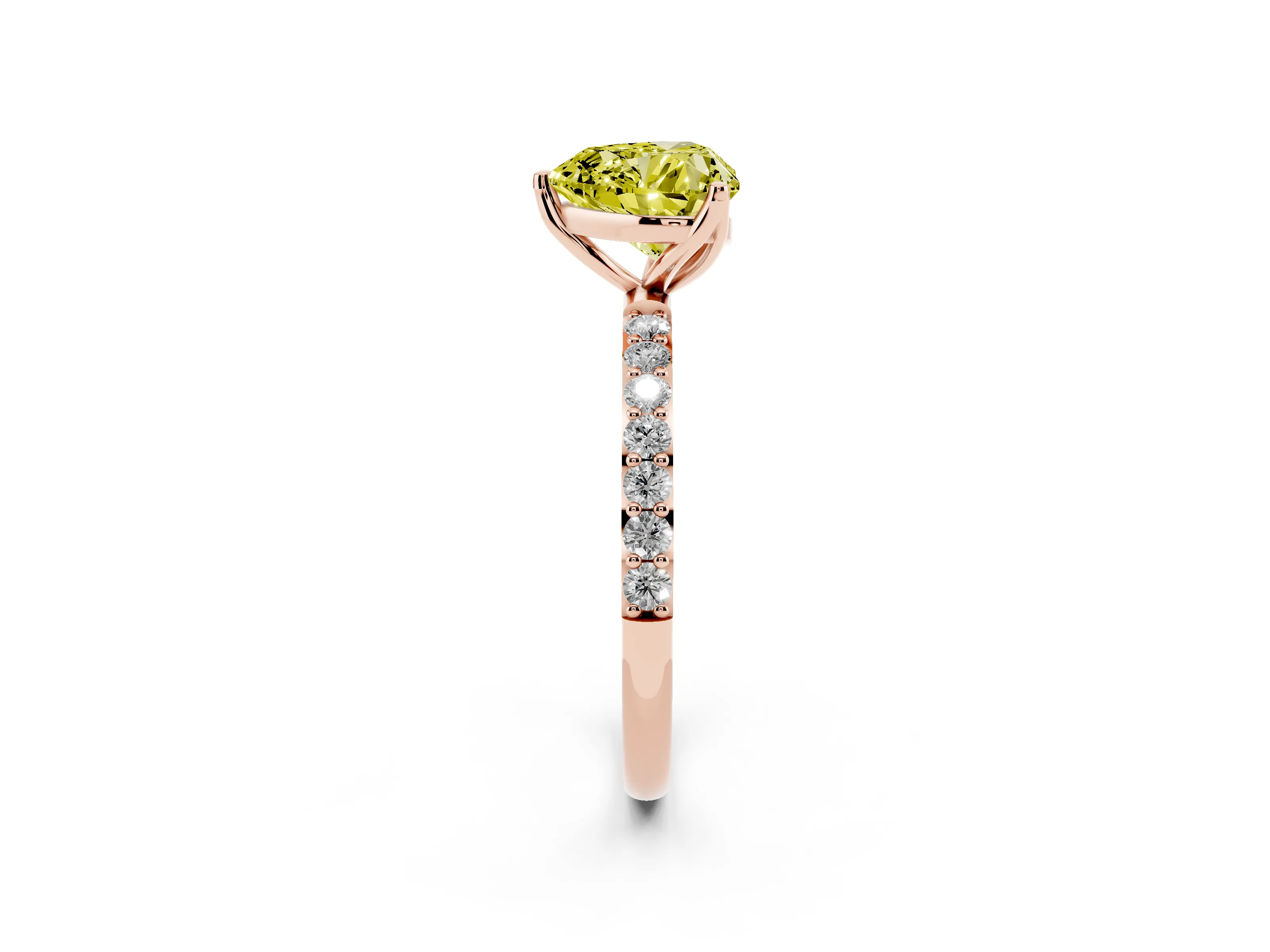 Fancy Yellow Heart Cut Diamond Solitaire Engagement Ring Set in Rose gold with Round Pavé Band and Prong Setting