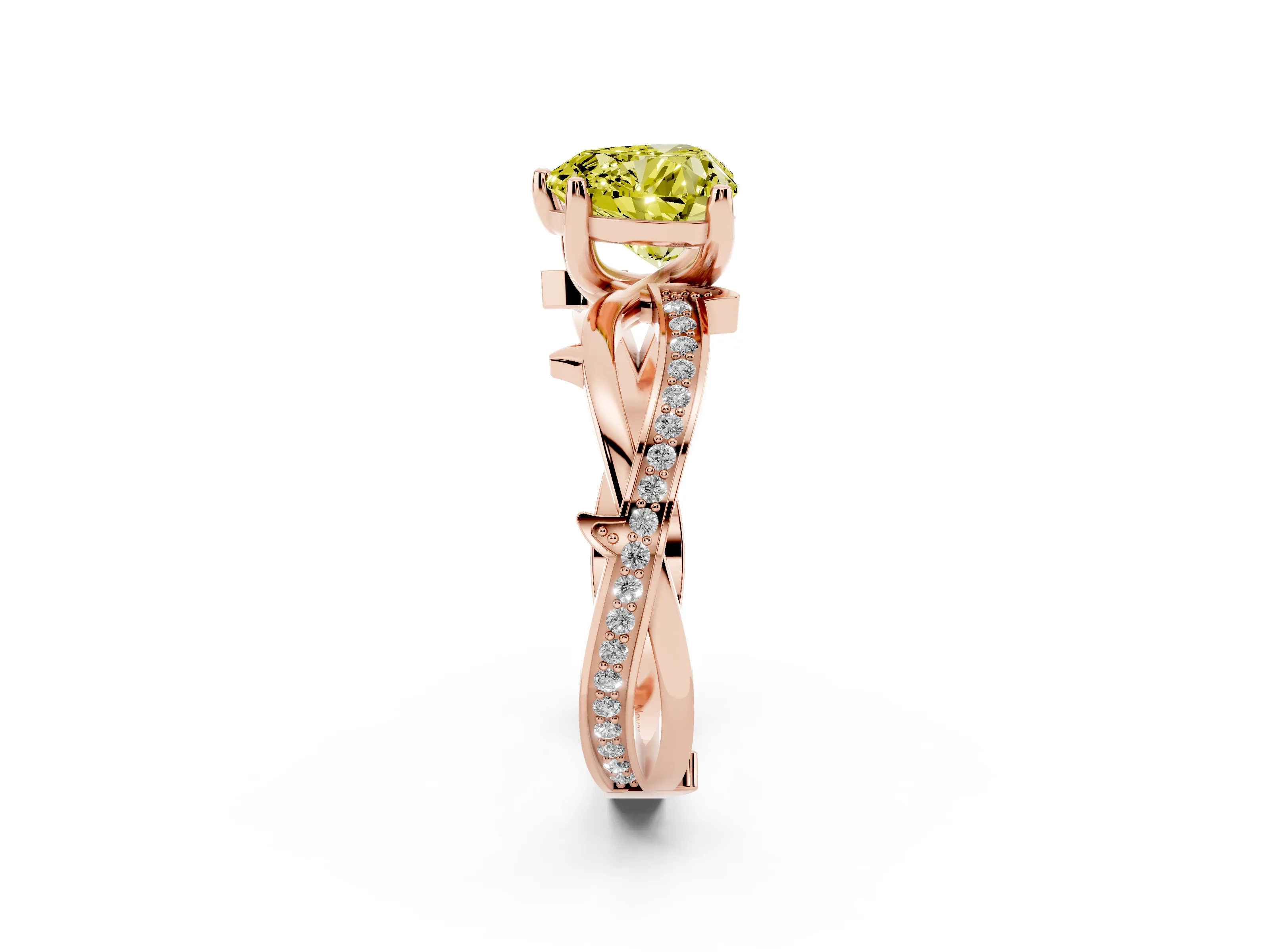 Fancy Yellow Heart Cut Diamond Pavé Twist Band Solitaire Ring Set in Rose gold with Prong Setting