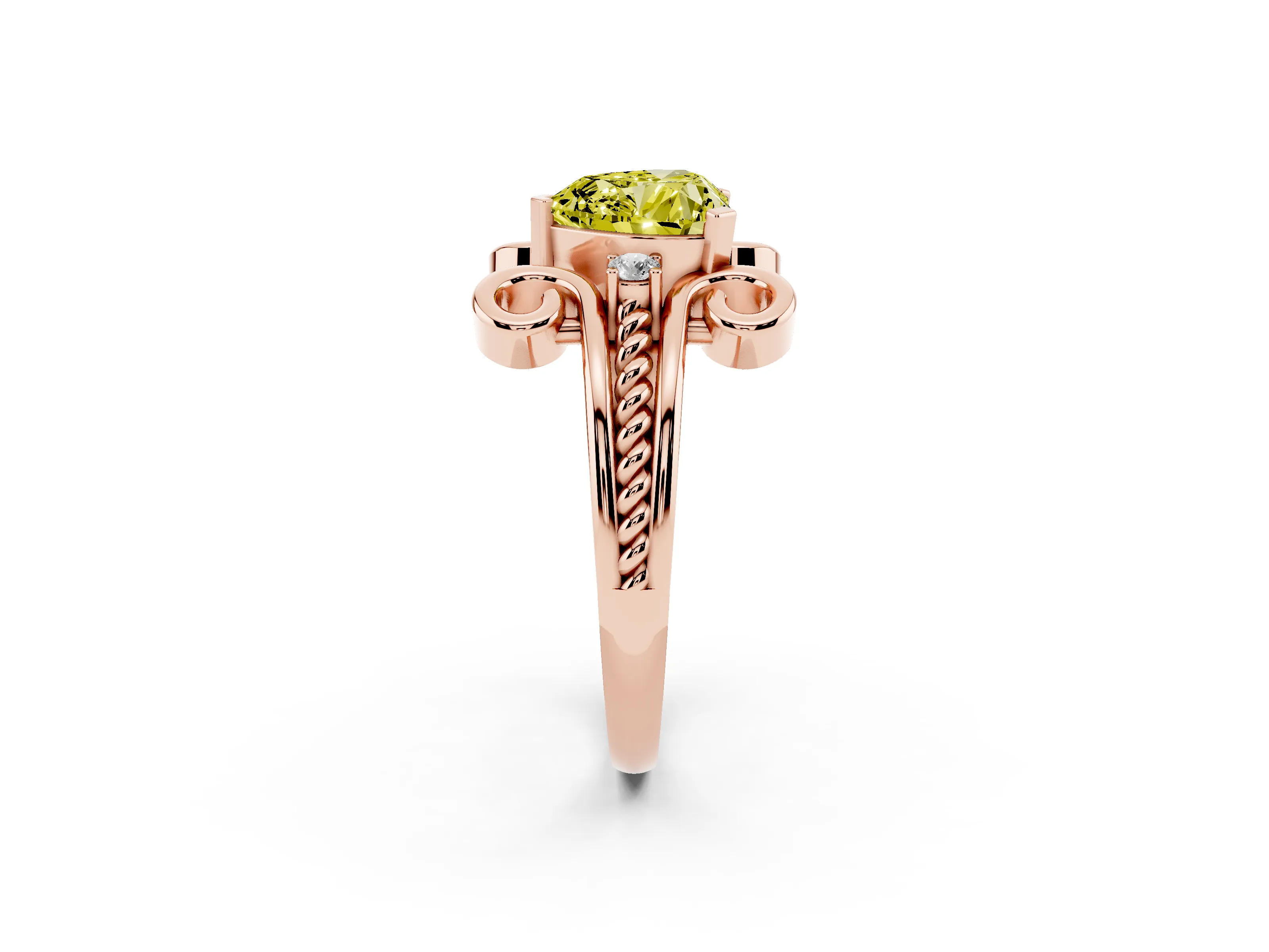 Fancy Yellow Heart Cut Diamond Twisted Band Solitaire Ring Set in Rose gold with Scroll Prongs