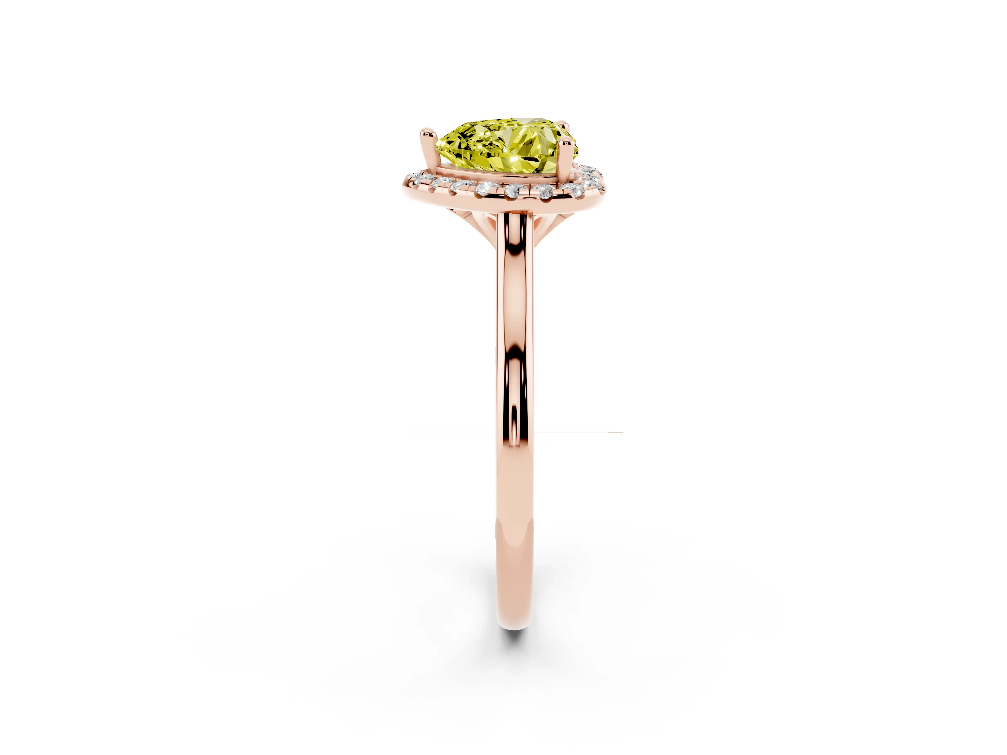 Fancy Yellow Heart Cut Diamond Halo Engagement Ring Set in Rose gold with Pavé Band and Rising Shoulders