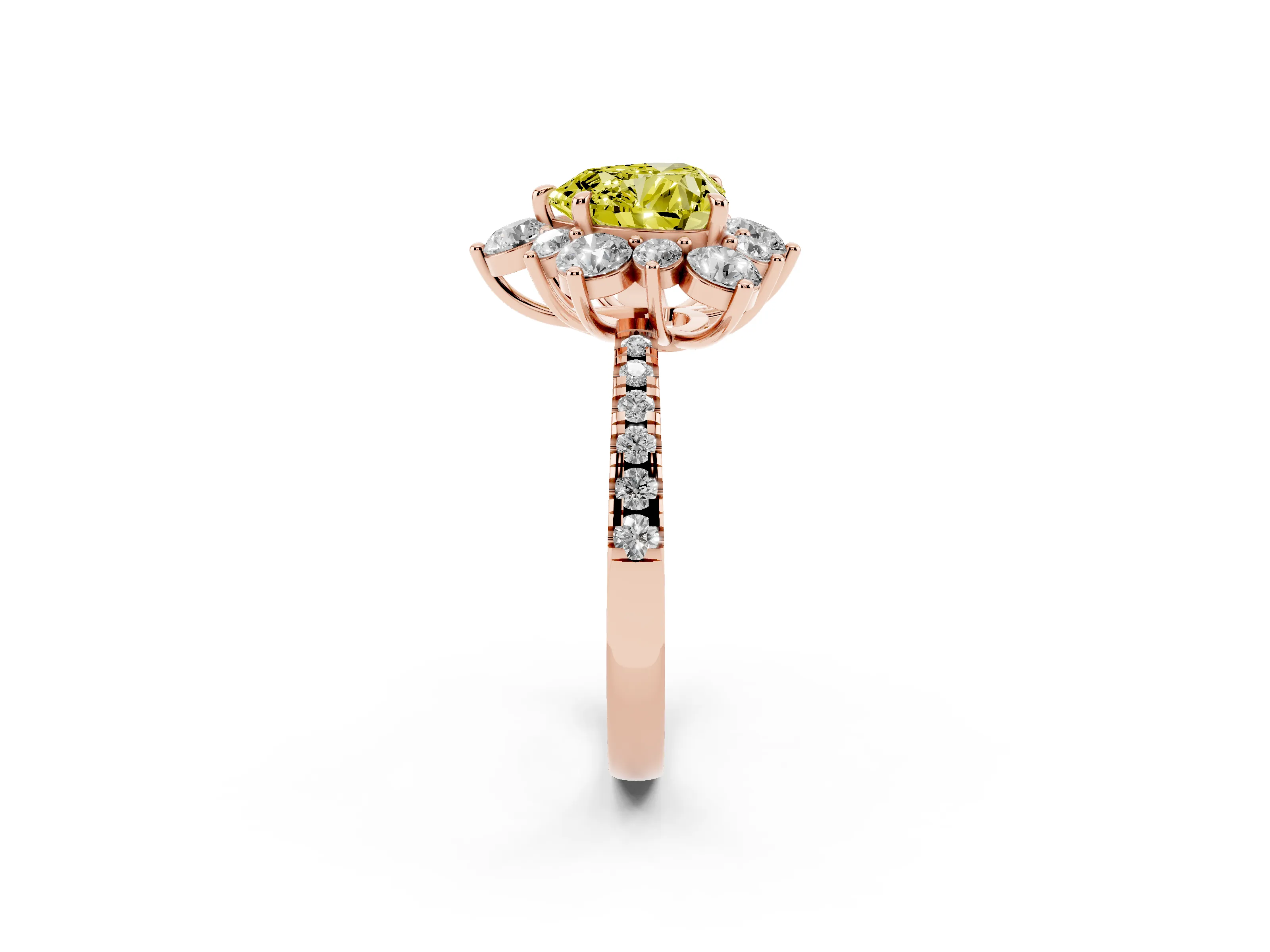 Fancy Yellow Heart Cut Diamond Floral Halo Ring Set in Rose gold with Round Pavé Band and Prong Setting