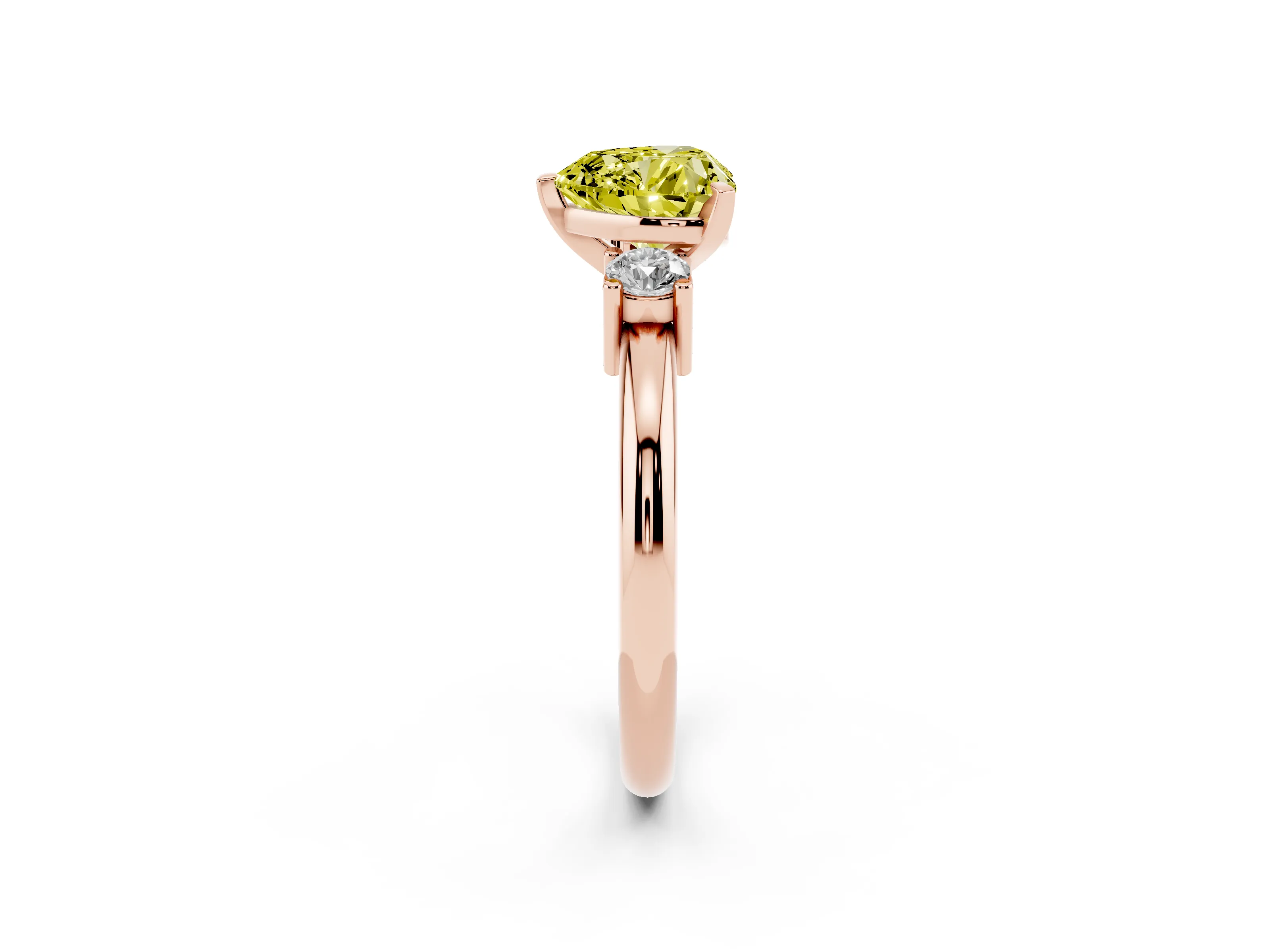 Fancy Yellow Three-Stone Heart Cut Diamond Ring Set in Rose gold with Prong Setting and Plain Band