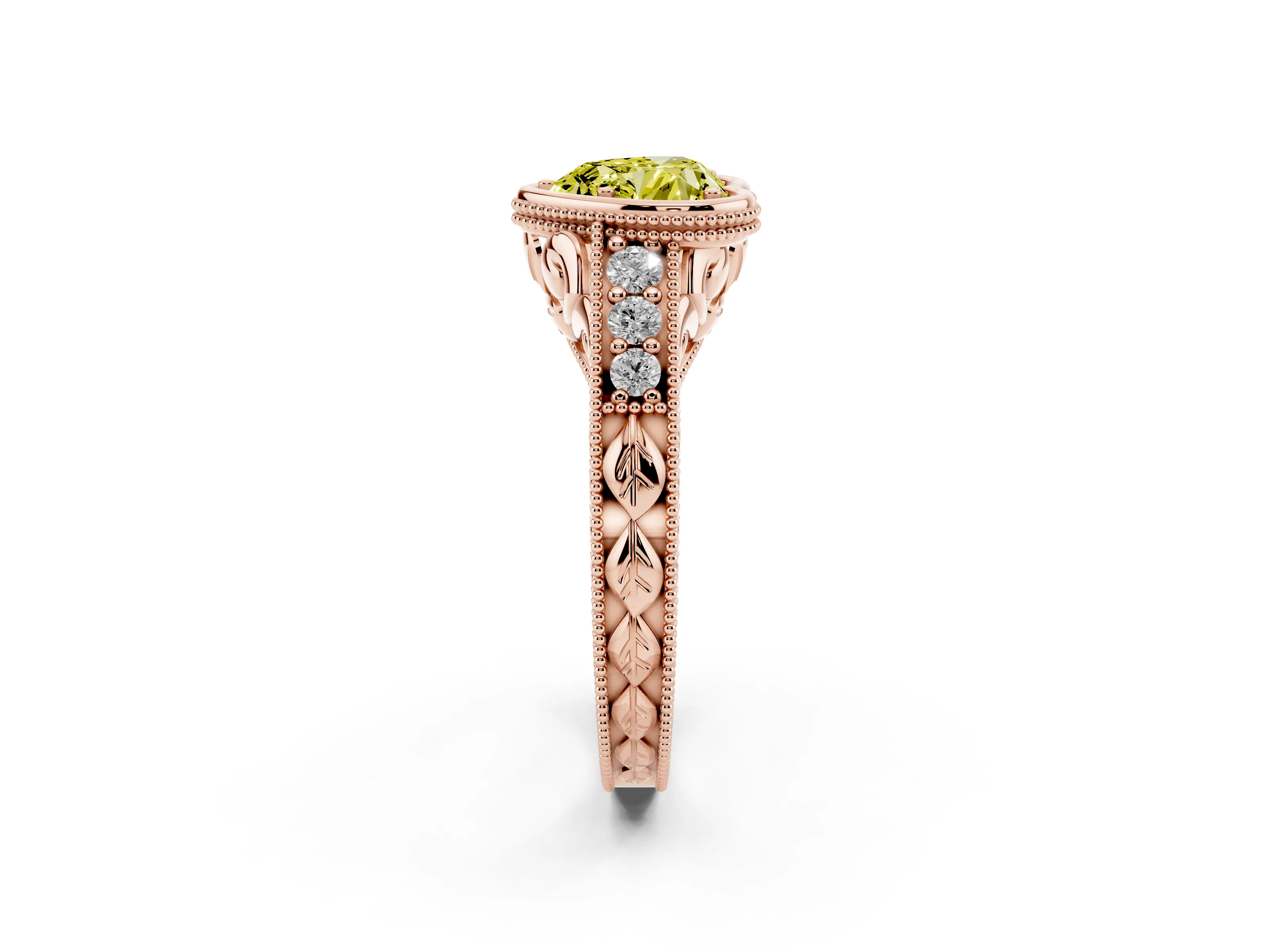 Fancy Yellow Bezel Set Heart Cut Diamond Milgrain Pavé Engagement Ring Set in Rose gold