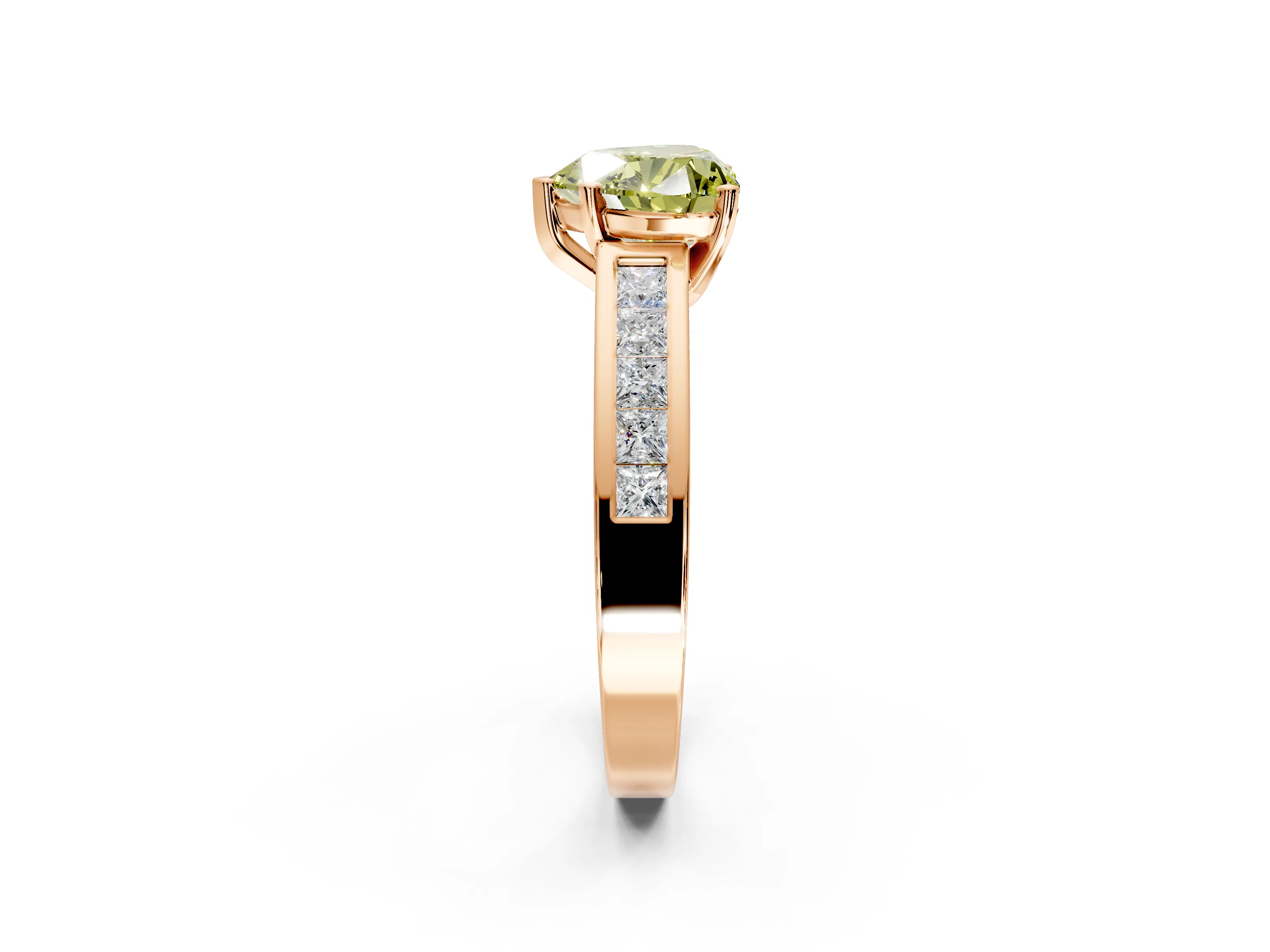 Solitaire Engagement Ring Setting for Fancy Yellow Heart-Shaped Center with Princess Cut Channel Band and Prong Head in Rose Gold