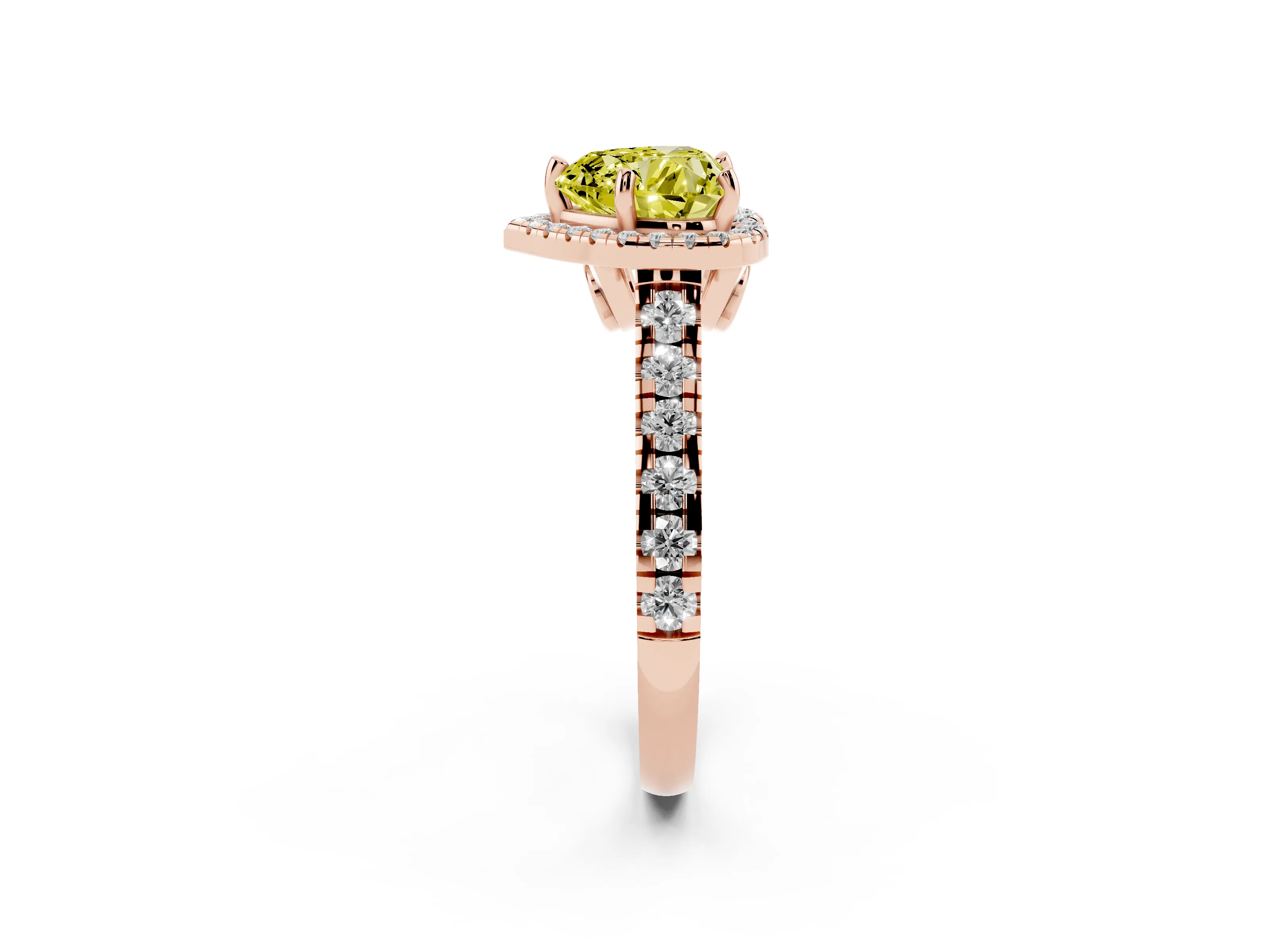 Fancy Yellow Heart Cut Diamond Halo Engagement Ring Set in Rose gold with Pavé Band and Prong-Set Center