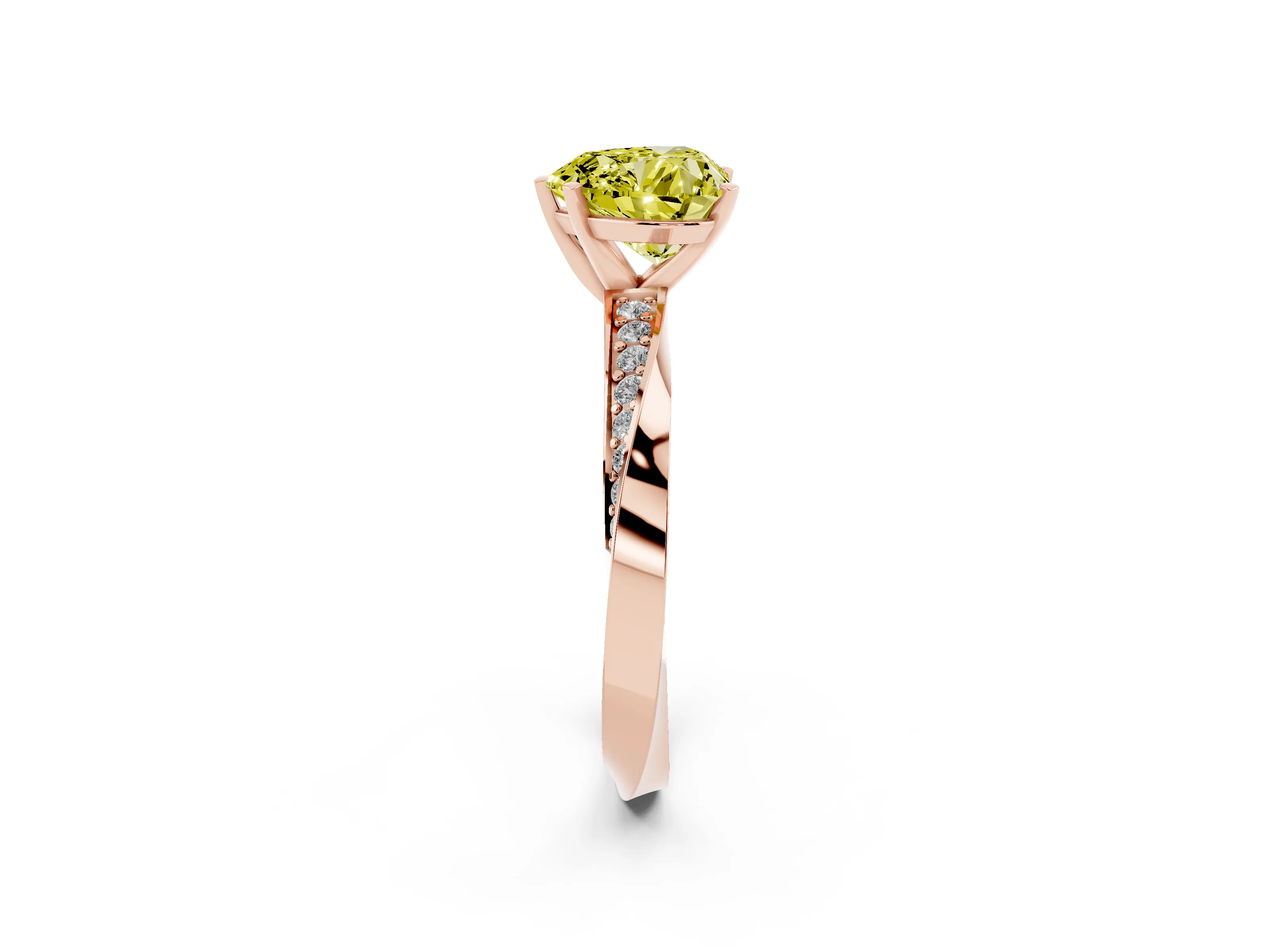 Fancy Yellow Heart Cut Diamond Engagement Ring Set in Rose gold with Side Stone Accents and Prong Setting