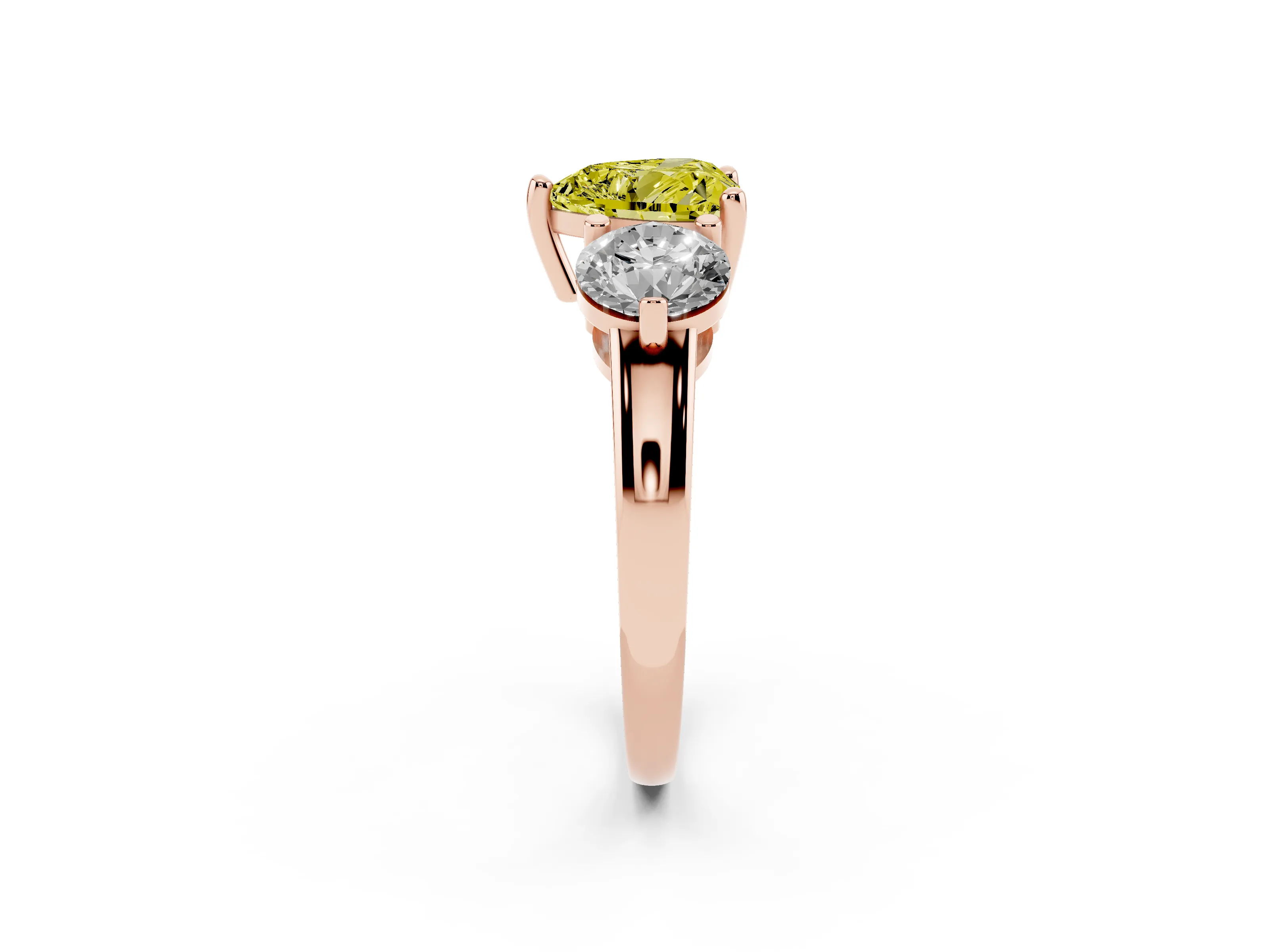 Fancy Yellow Heart Cut Diamond Three-Stone Ring Set in Rose gold with Prong Setting and Classic Band