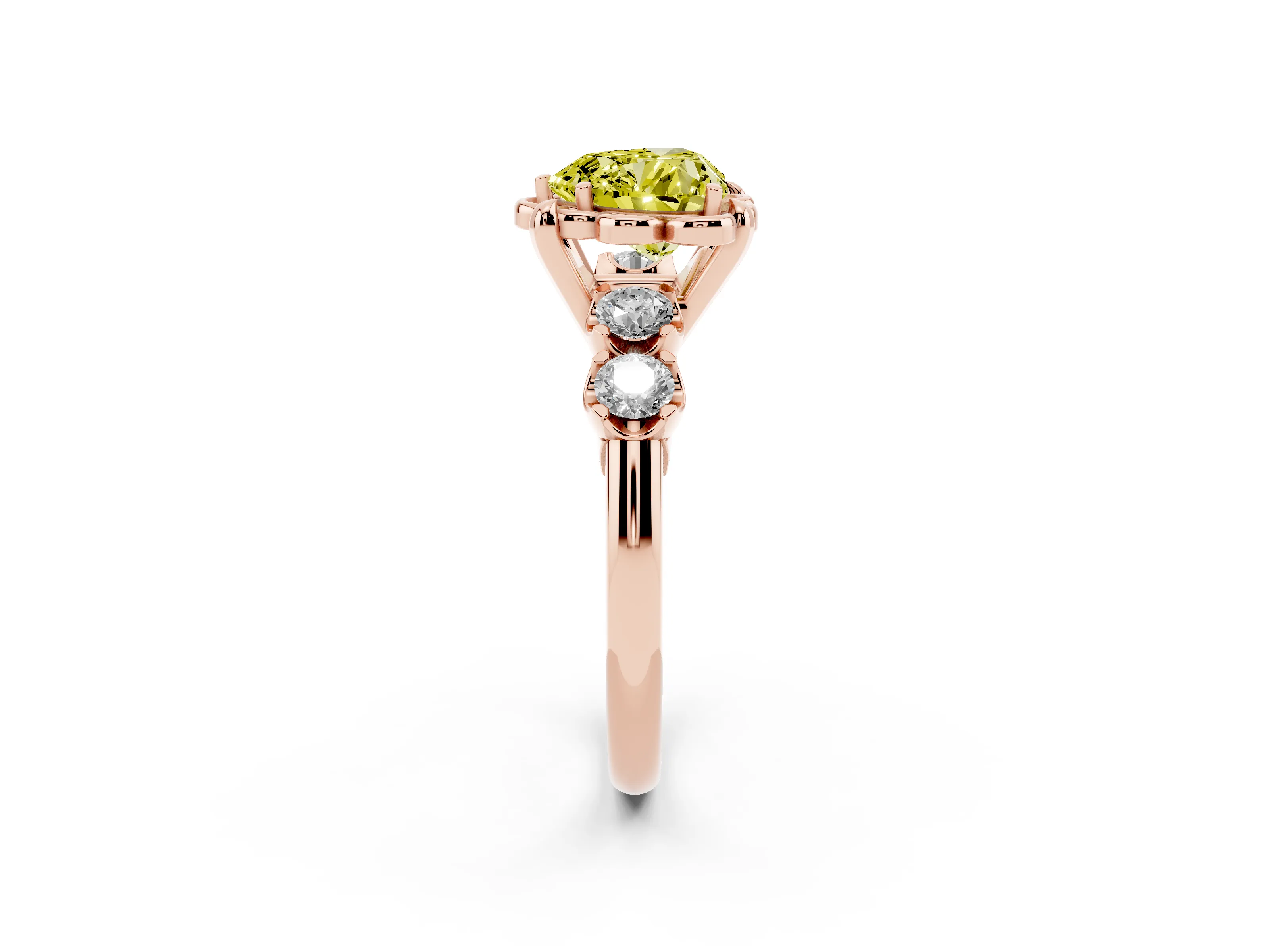 Fancy Yellow Heart Cut Diamond Floral Halo Ring Set in Rose gold with Shared Prong Band