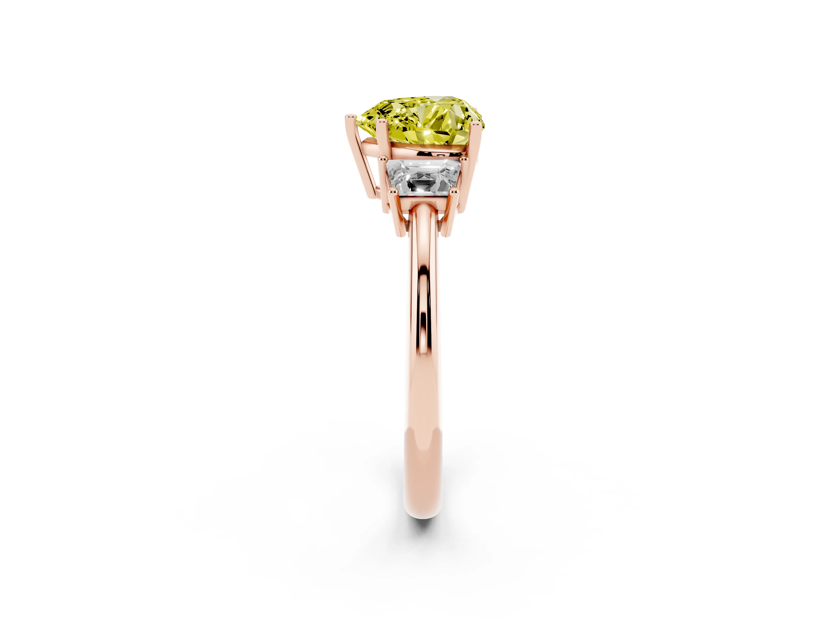 Fancy Yellow Heart Cut Diamond Three-Stone Ring Set in Rose gold with Trapezoid Side Stones and Prong Setting