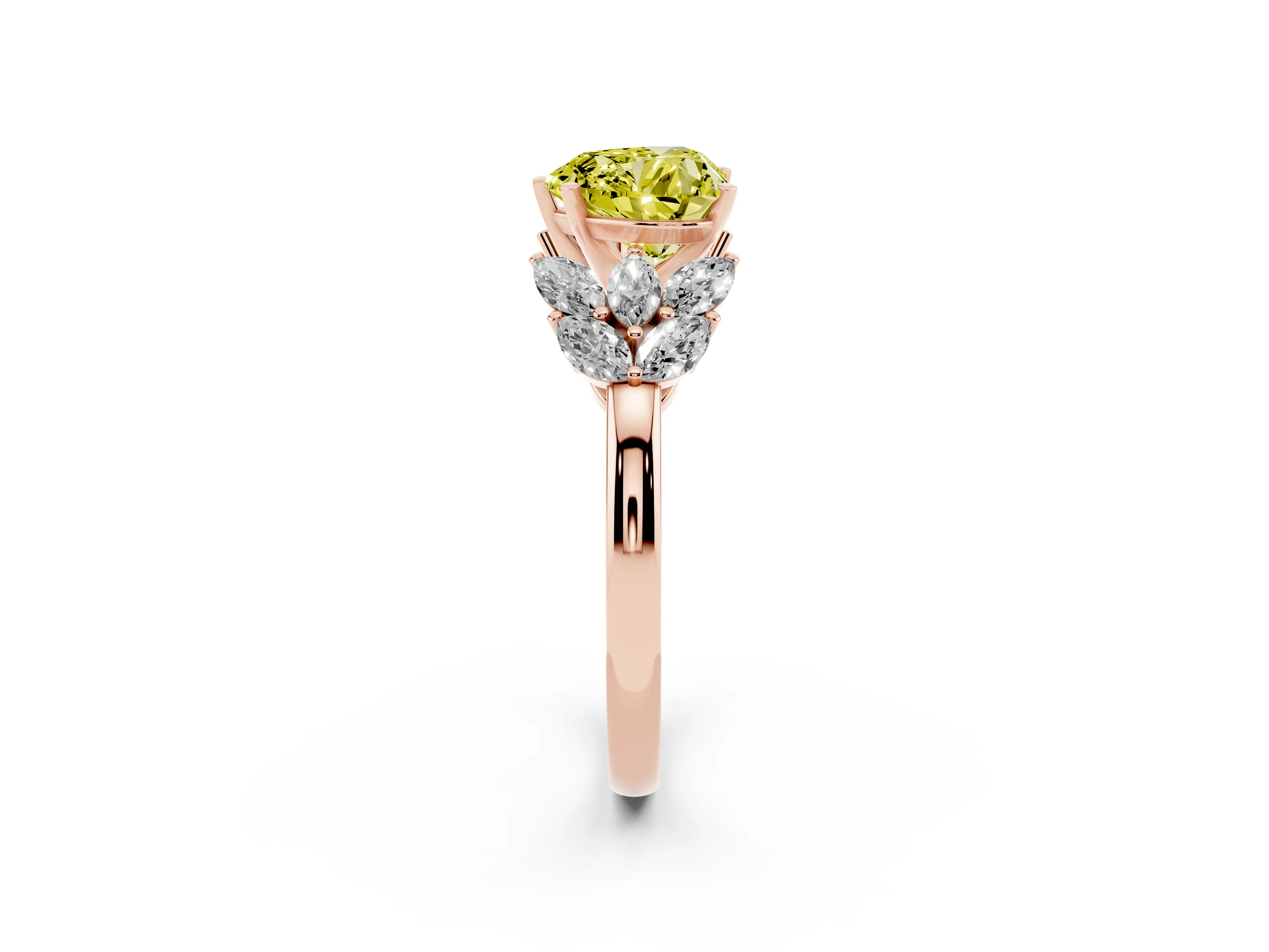 Fancy Yellow Heart Cut Diamond Cluster Leaf Design Ring Set in Rose gold with Prong Setting