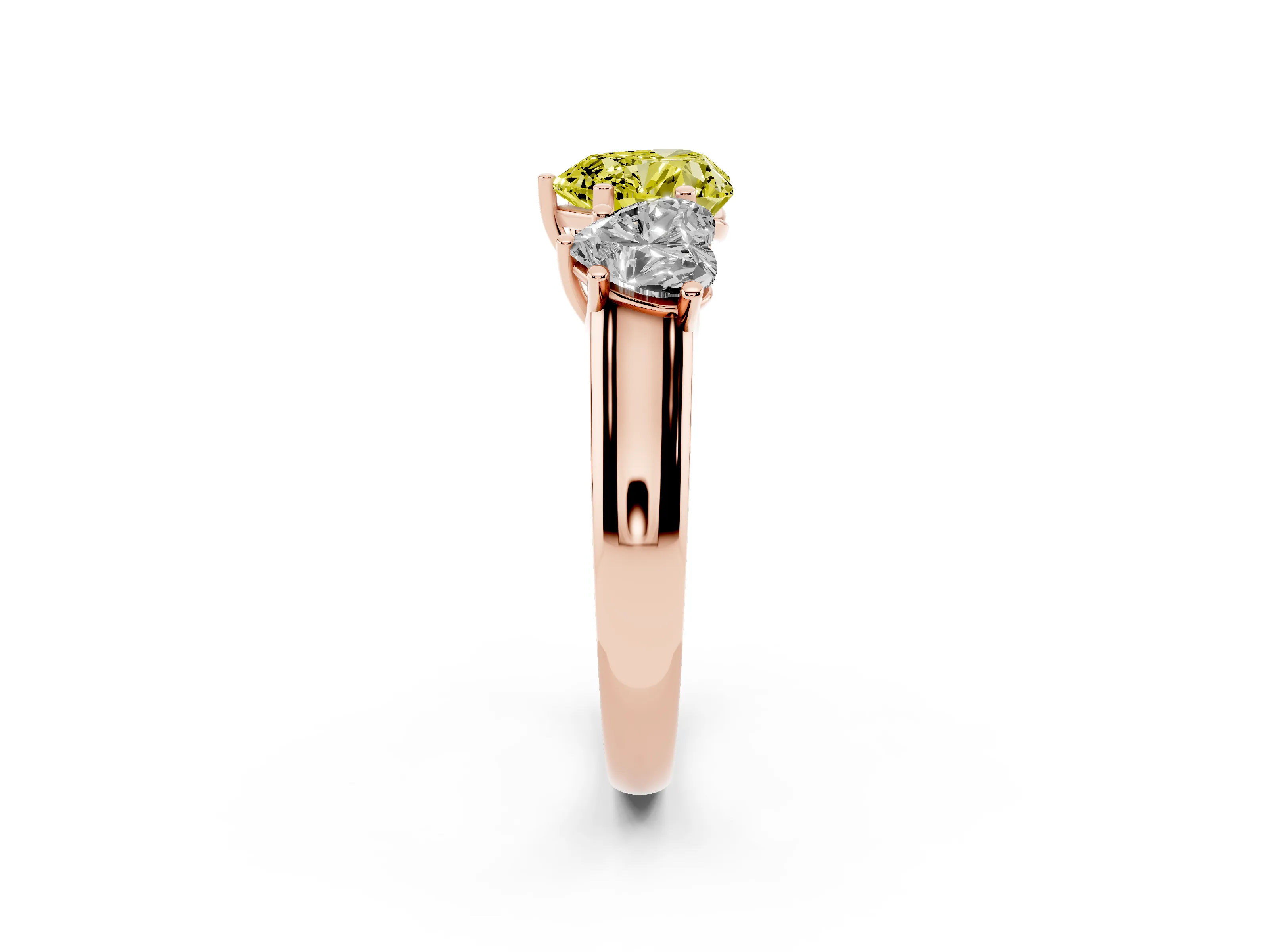 Fancy Yellow Heart Cut Diamond Three-Stone Ring Set in Rose gold with Plain Polished Band