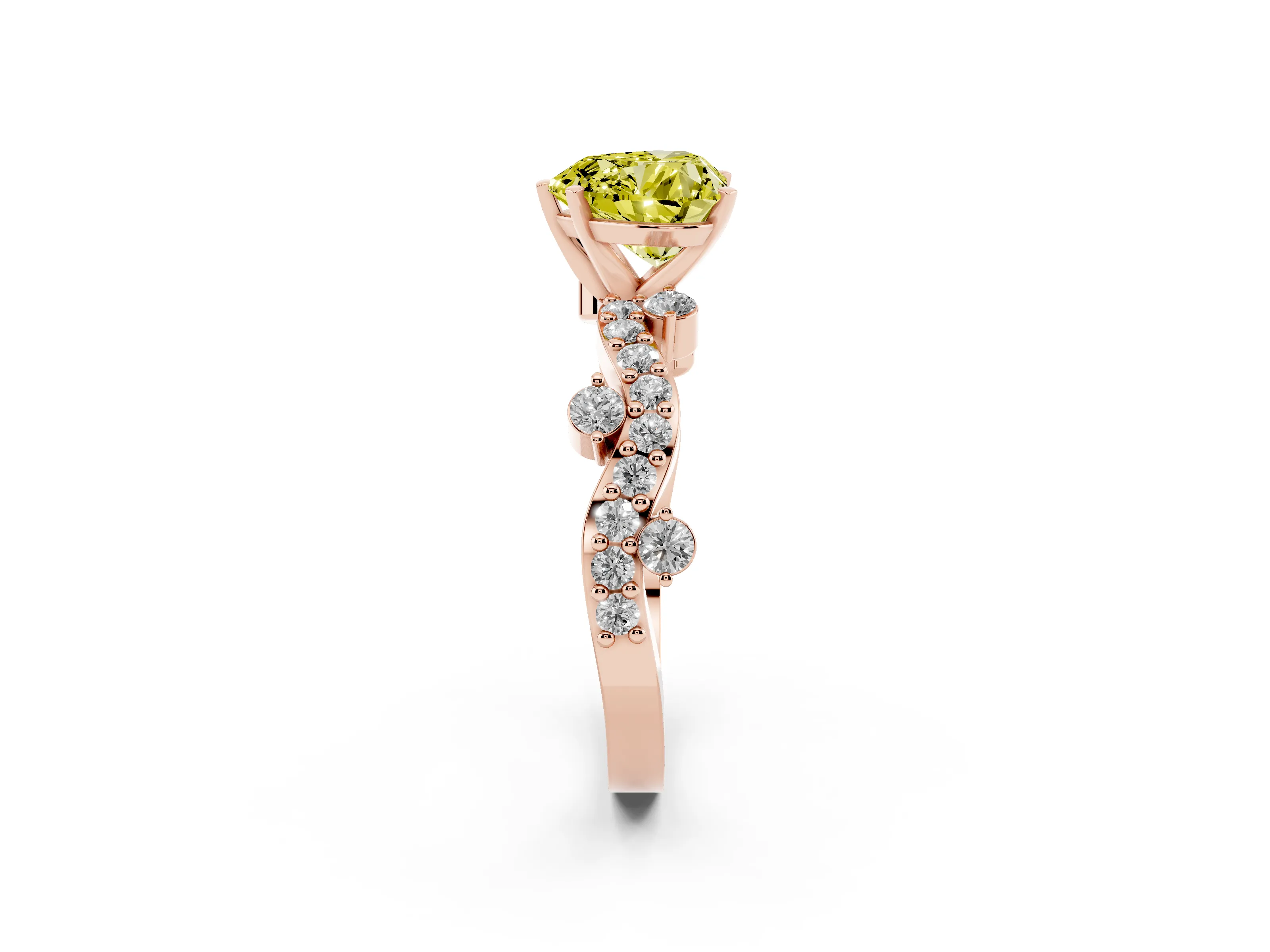 Fancy Yellow Heart Cut Diamond Solitaire Twisted Band Set in Rose gold with Pavé Setting