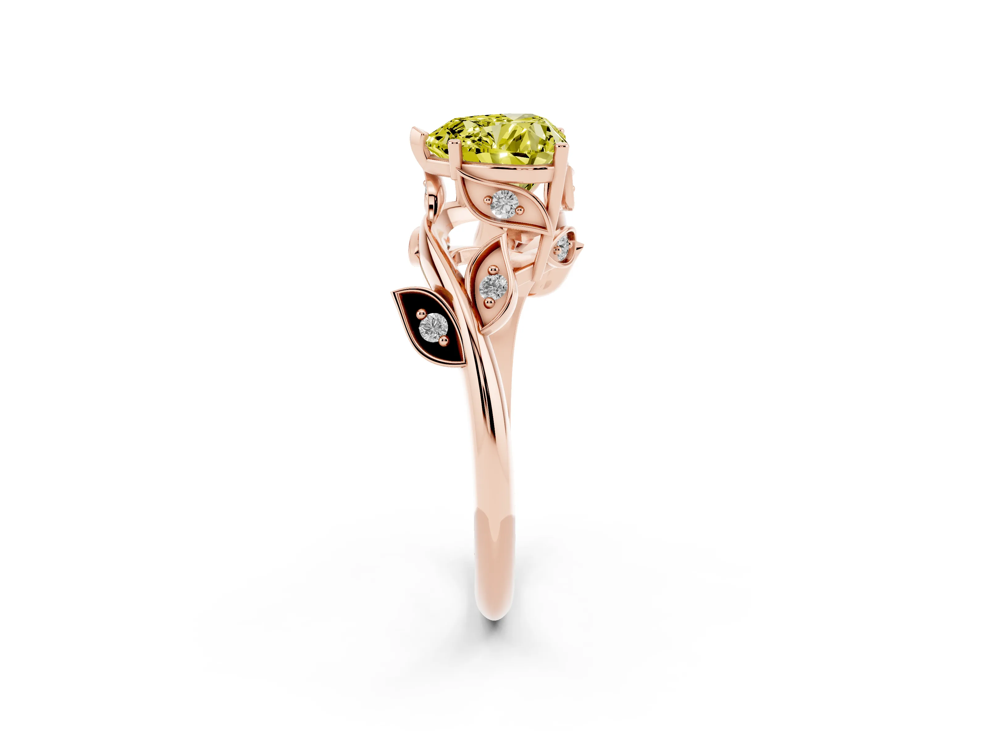 Fancy Yellow Heart Cut Diamond Solitaire Twist Engagement Ring Set in Rose gold with Pavé Leaf Accents