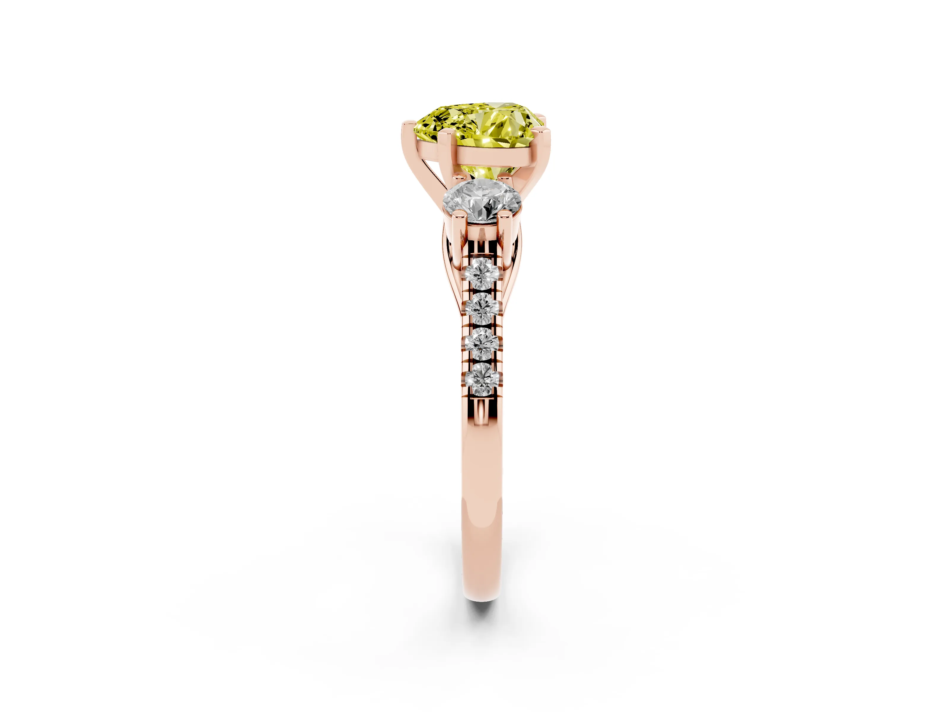 Fancy Yellow Three-Stone Heart Cut Diamond Pavé Band Ring Set in Rose gold with Prong-Set Trio
