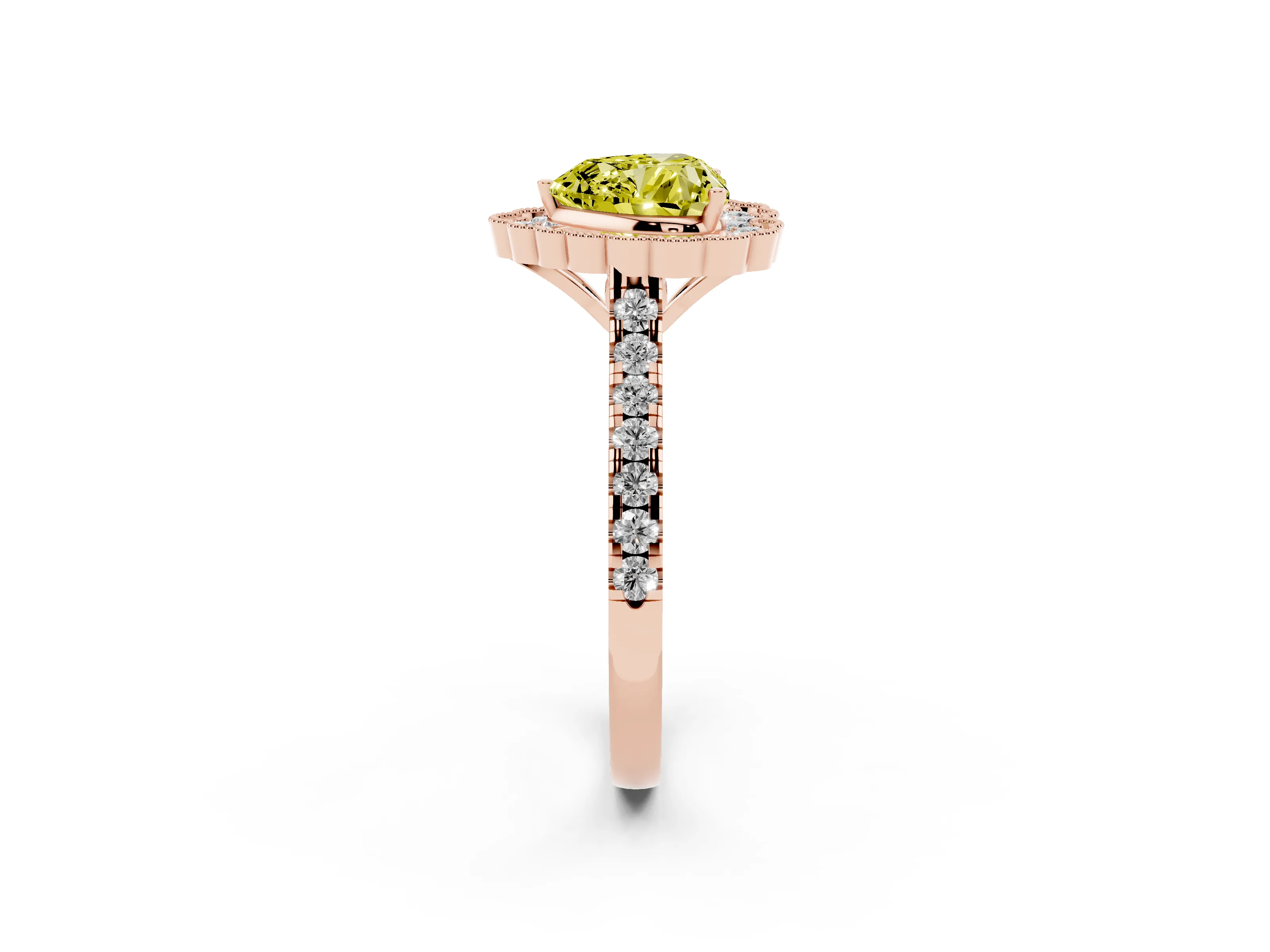 Fancy Yellow Heart Cut Diamond Milgrain Floral Halo Engagement Ring Set in Rose gold with Pavé Band