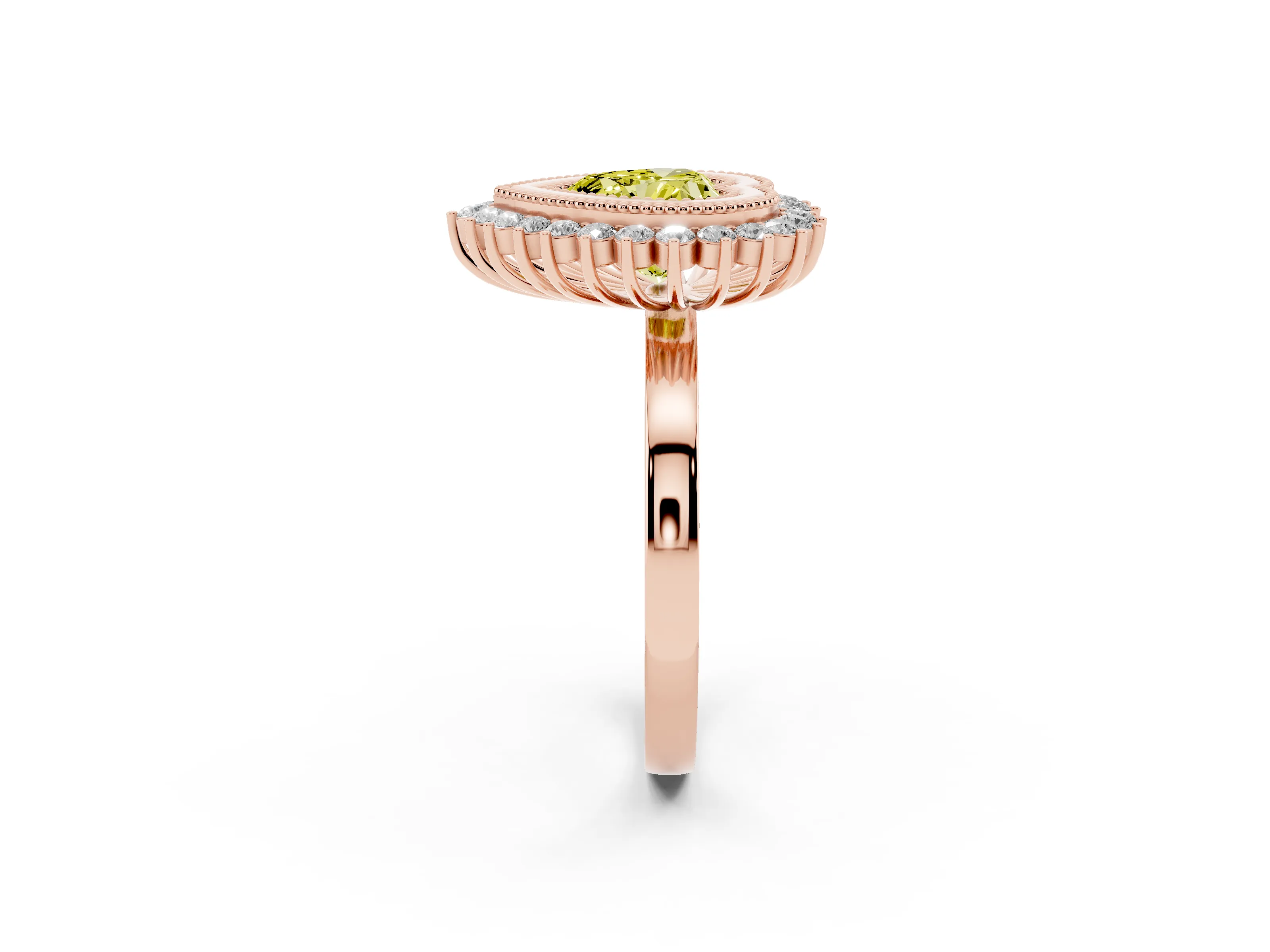 Fancy Yellow Heart Cut Diamond Halo Ring Set in Rose gold with Milgrain Edge and Round Prong Setting