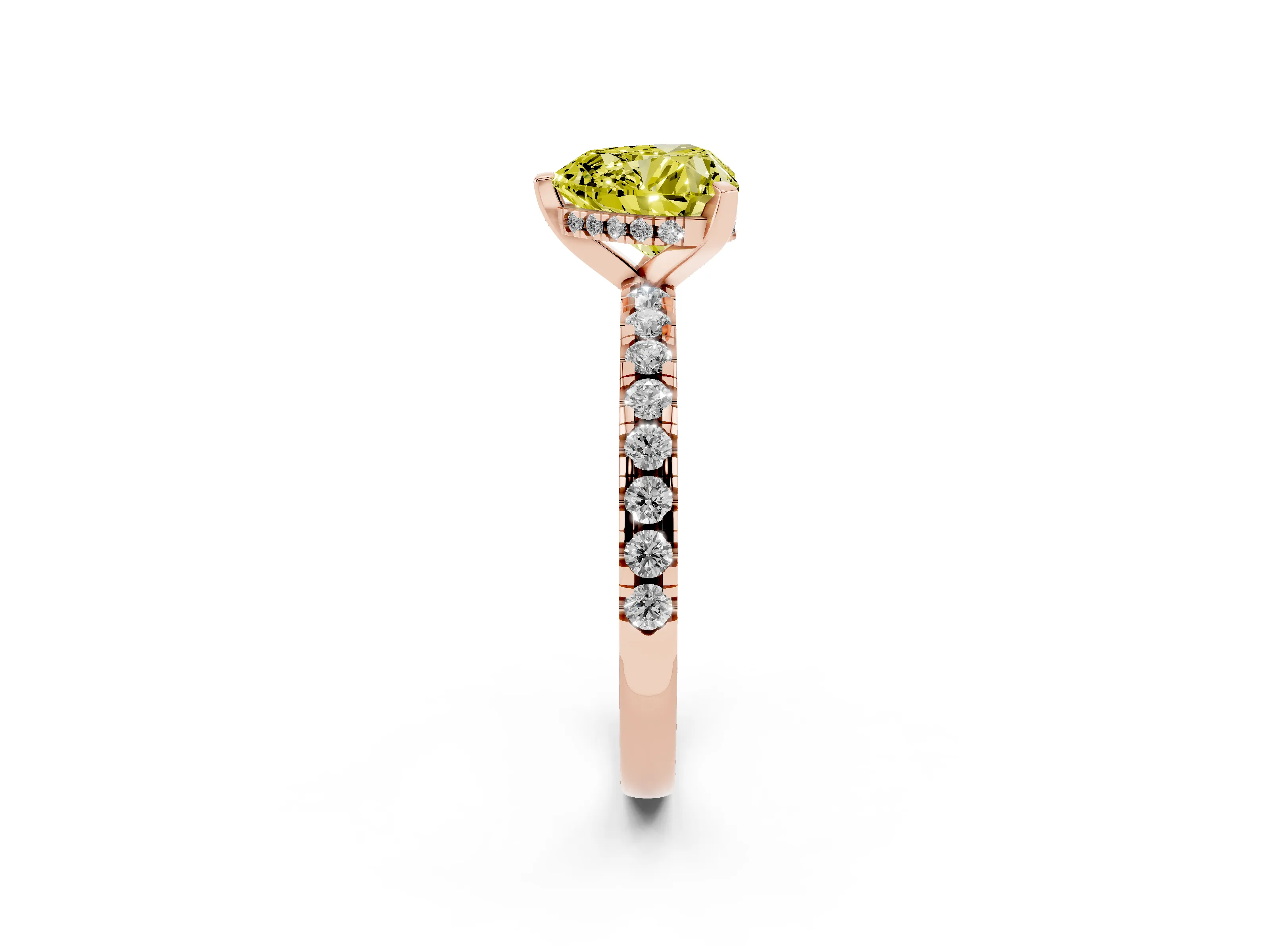 Fancy Yellow Heart Cut Diamond Pavé Solitaire Ring Set in Rose gold with Round Band Accents and Prong Setting