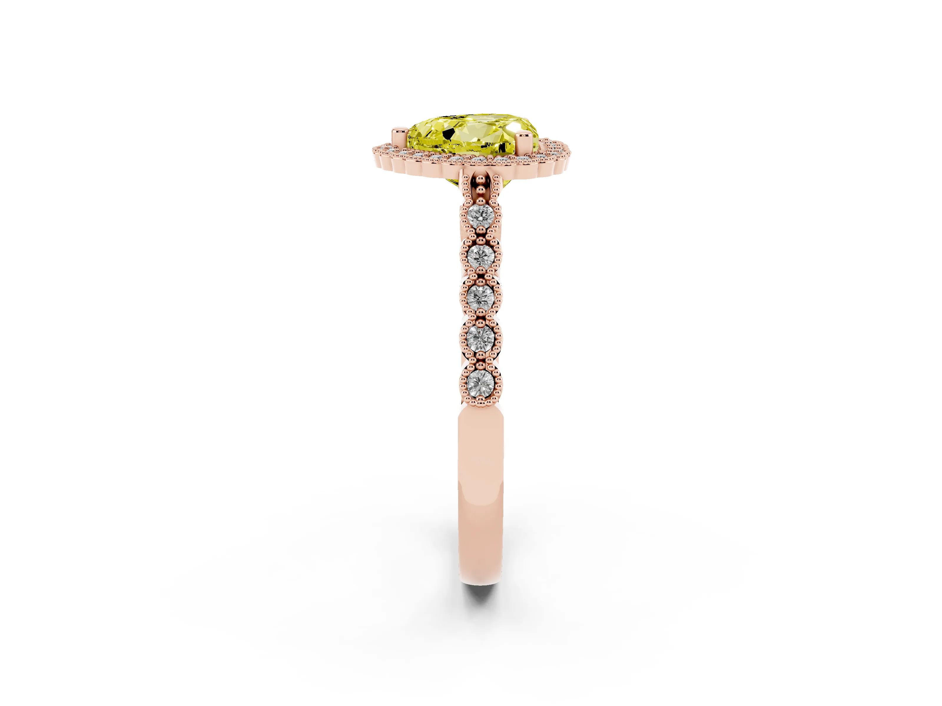 Fancy Yellow Heart Cut Diamond Halo Ring Set in Rose gold with Pavé Milgrain Band