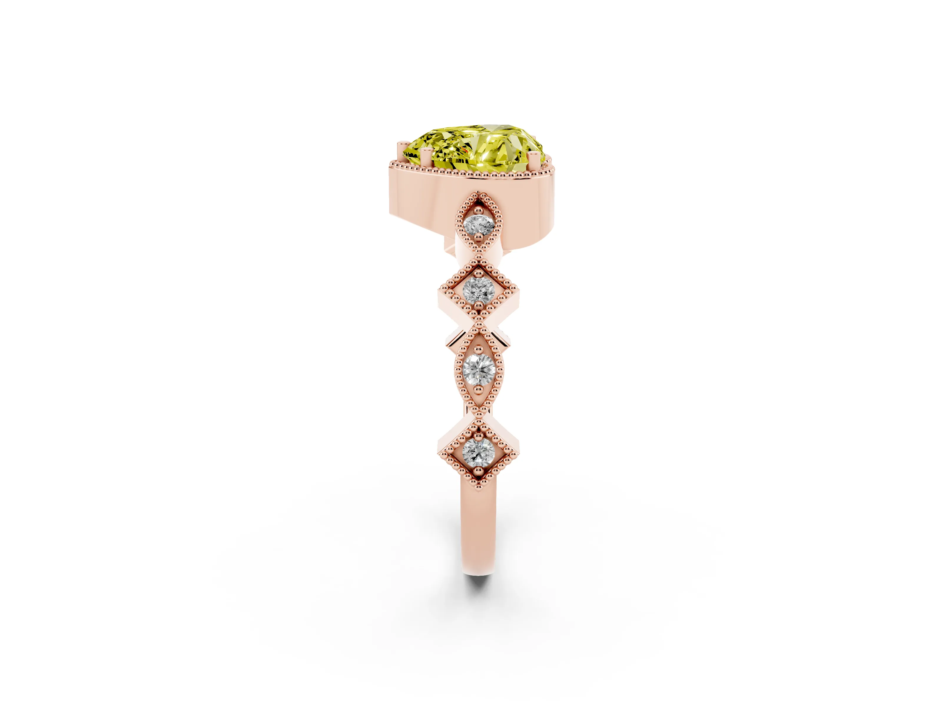 Fancy Yellow Heart Cut Diamond Milgrain Marquise Twist Band Ring Set in Rose gold with Prong Setting