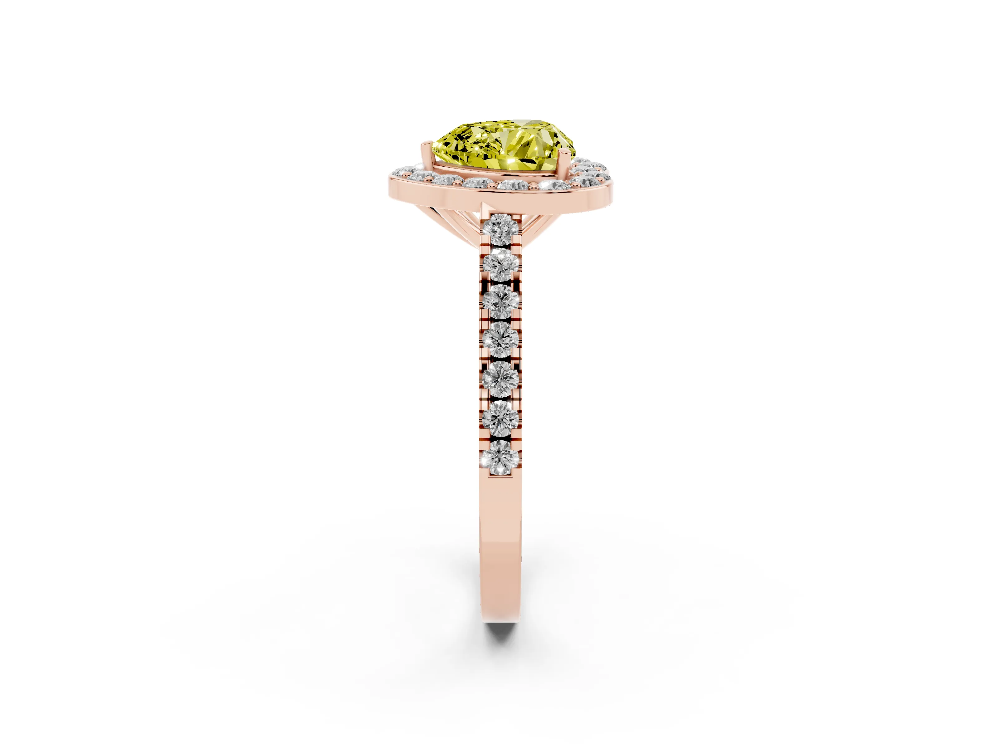 Fancy Yellow Heart Cut Diamond Halo Ring Set in Rose gold with Round Pavé Split Shank and Prong Setting