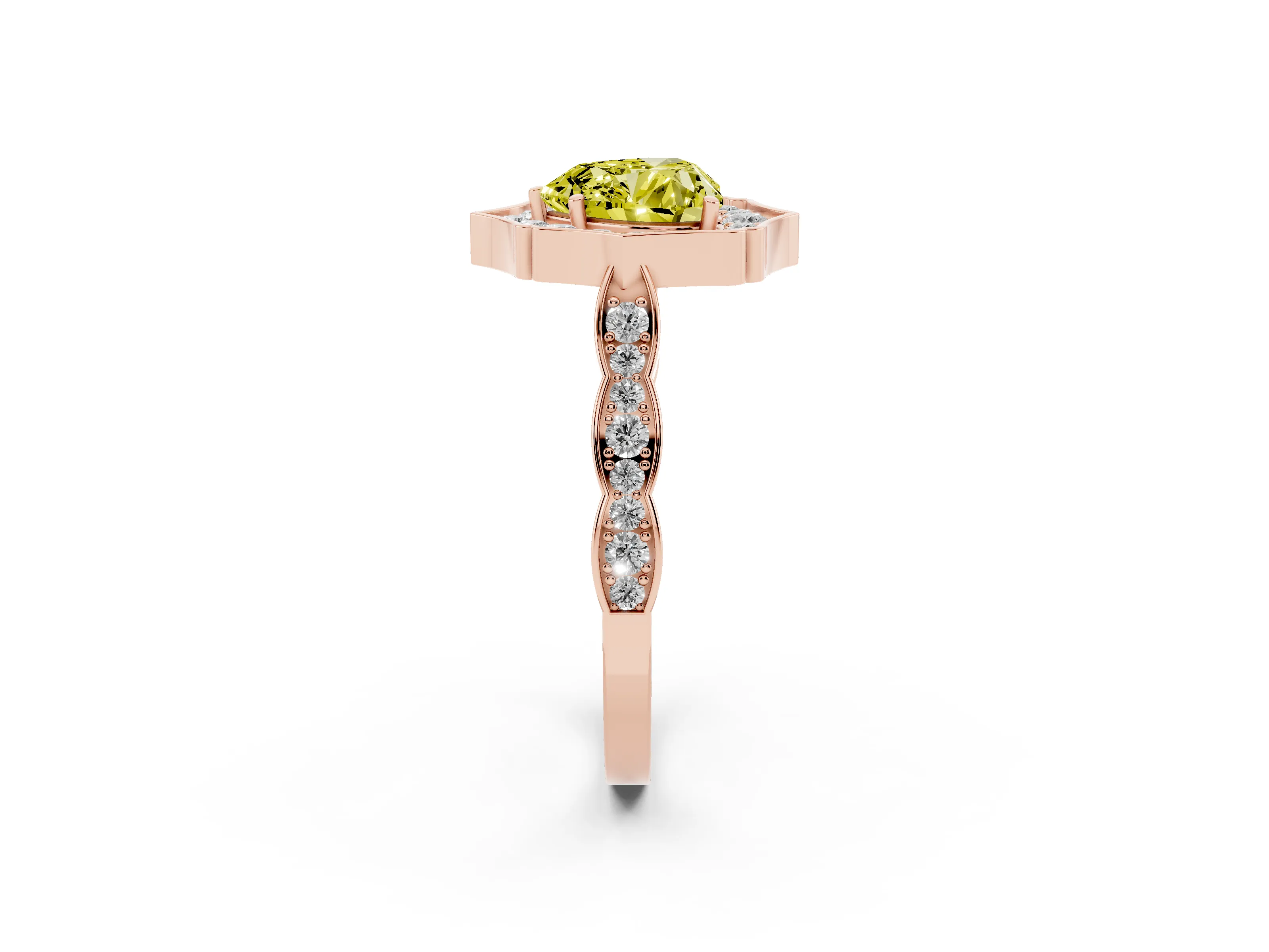 Fancy Yellow Heart Cut Diamond Halo Engagement Ring Set in Rose gold with Milgrain Band and Prong Setting