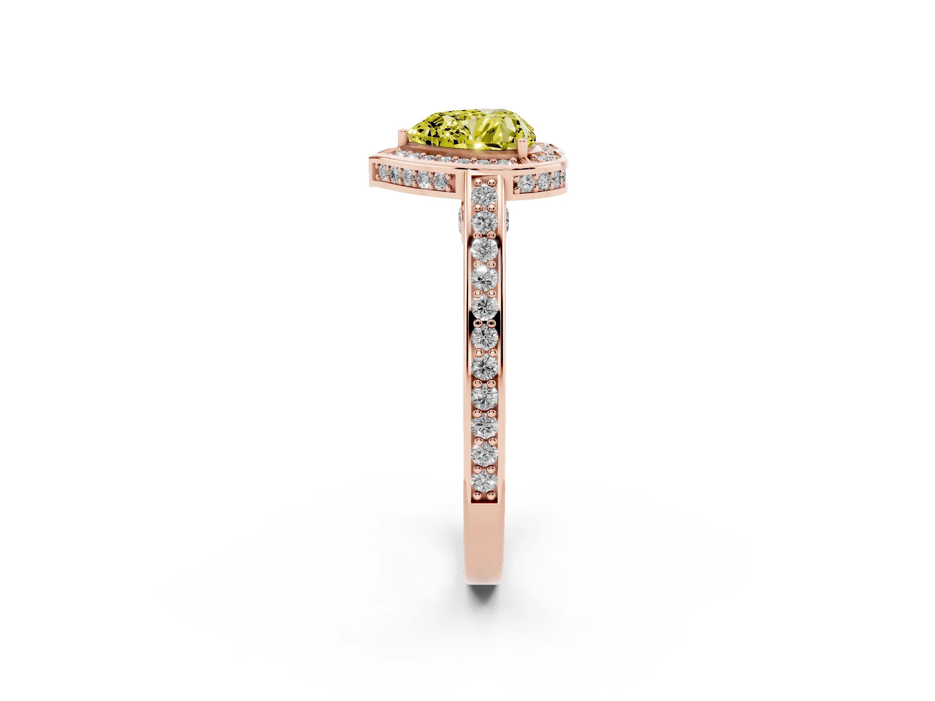 Fancy Yellow Heart Cut Diamond Halo Pavé Split Shank Ring Set in Rose gold with Prong Setting