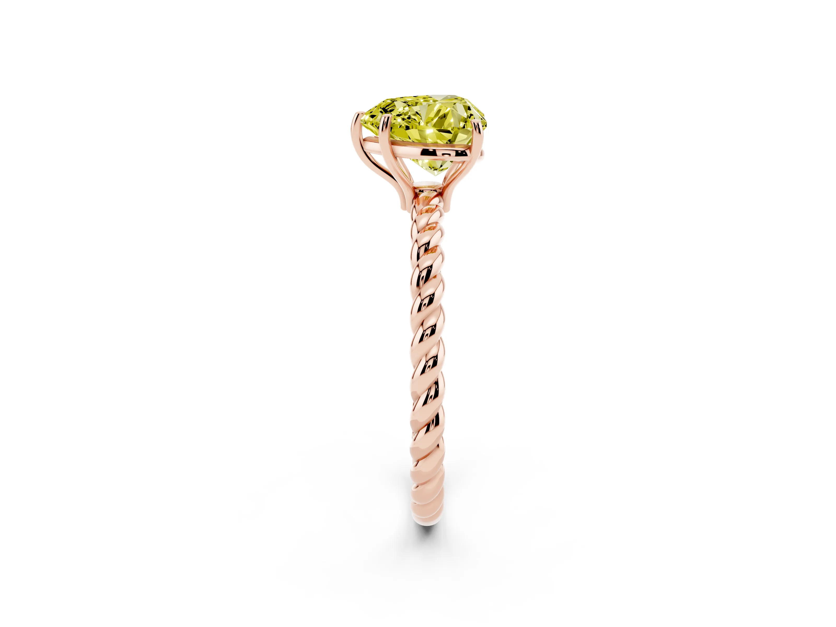 Fancy Yellow Heart Cut Diamond Solitaire Ring Set in Rose gold with Twist Band and Prong Setting