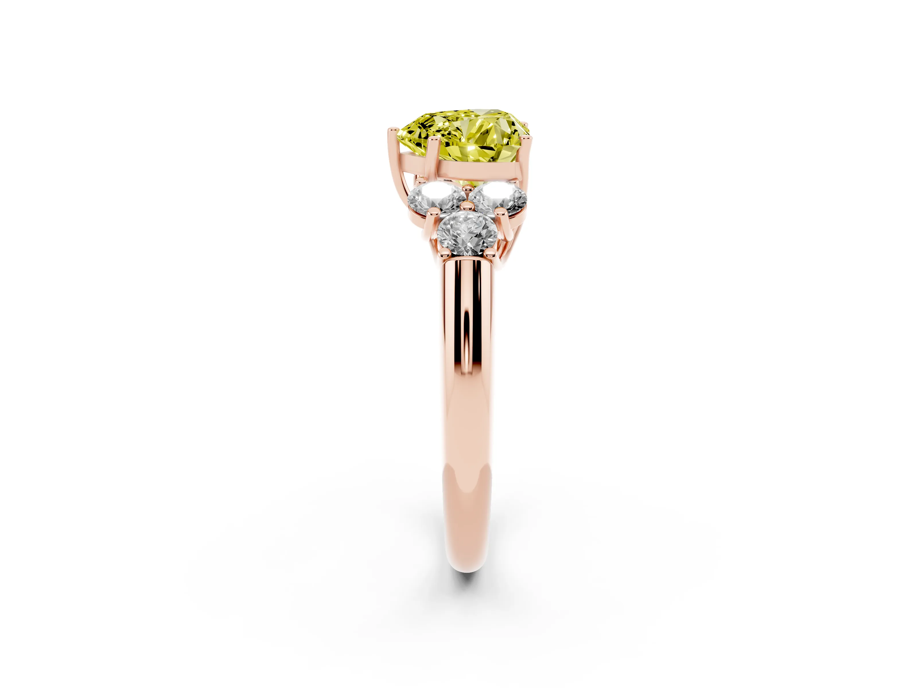Fancy Yellow Heart Cut Diamond Cluster Ring Set in Rose gold with Round Accent Stones and Prong Setting on a Plain Band