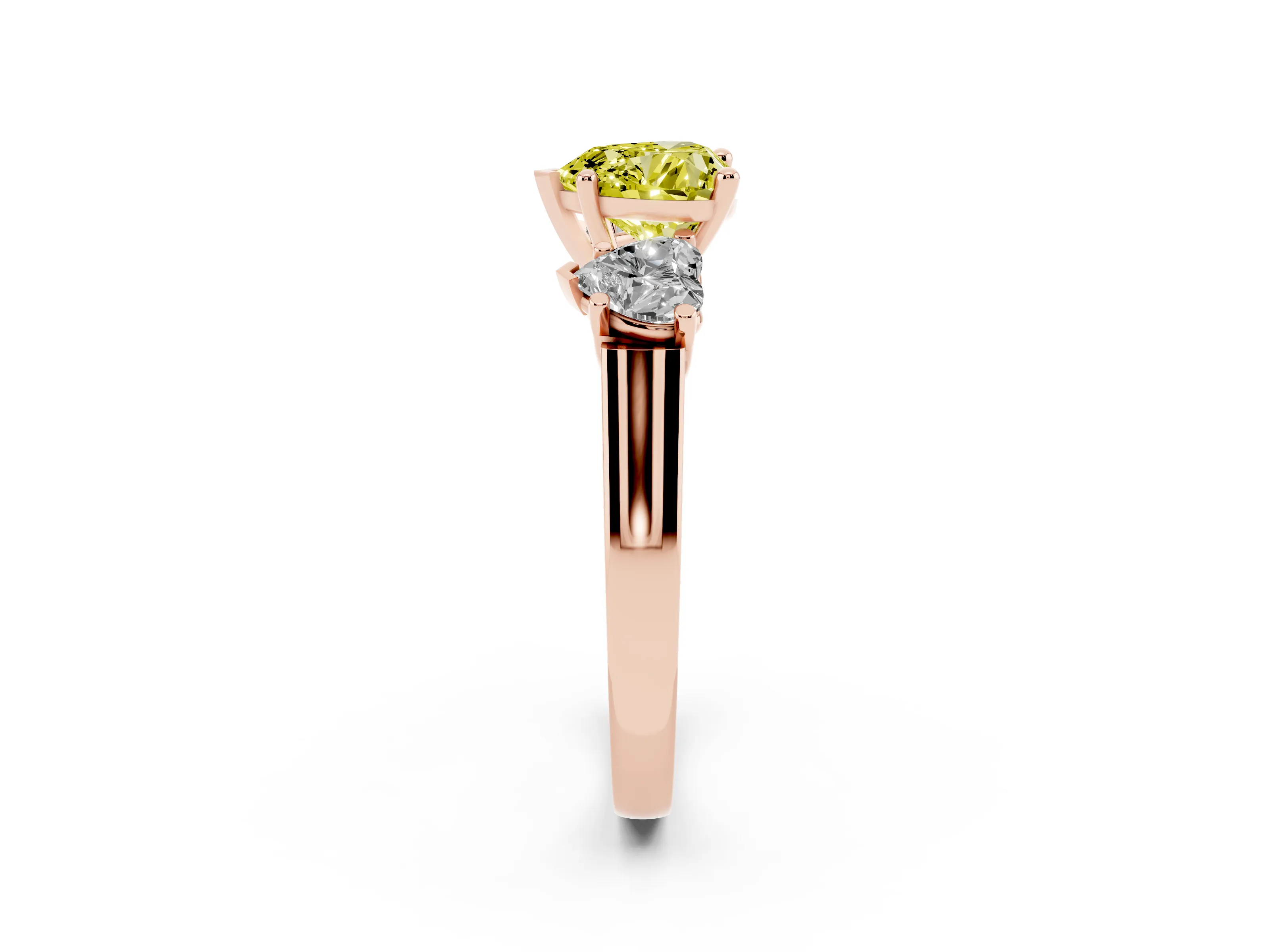 Fancy Yellow Heart Cut Diamond Three-Stone Trellis Ring Set in Rose gold with Comfort Fit Band