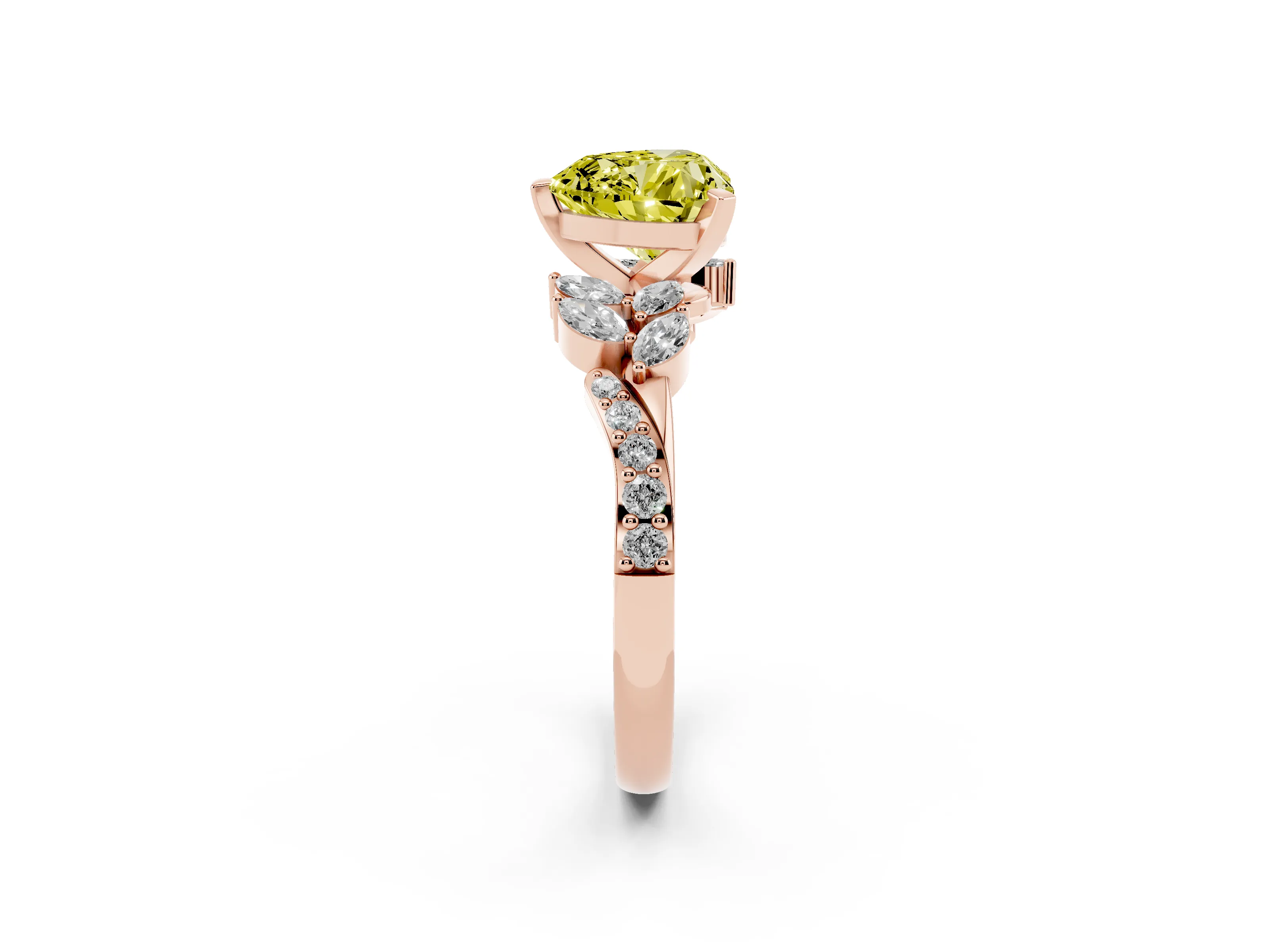 Fancy Yellow Heart Cut Diamond Solitaire Ring Set in Rose gold with Marquise Twist Band and Prong Setting