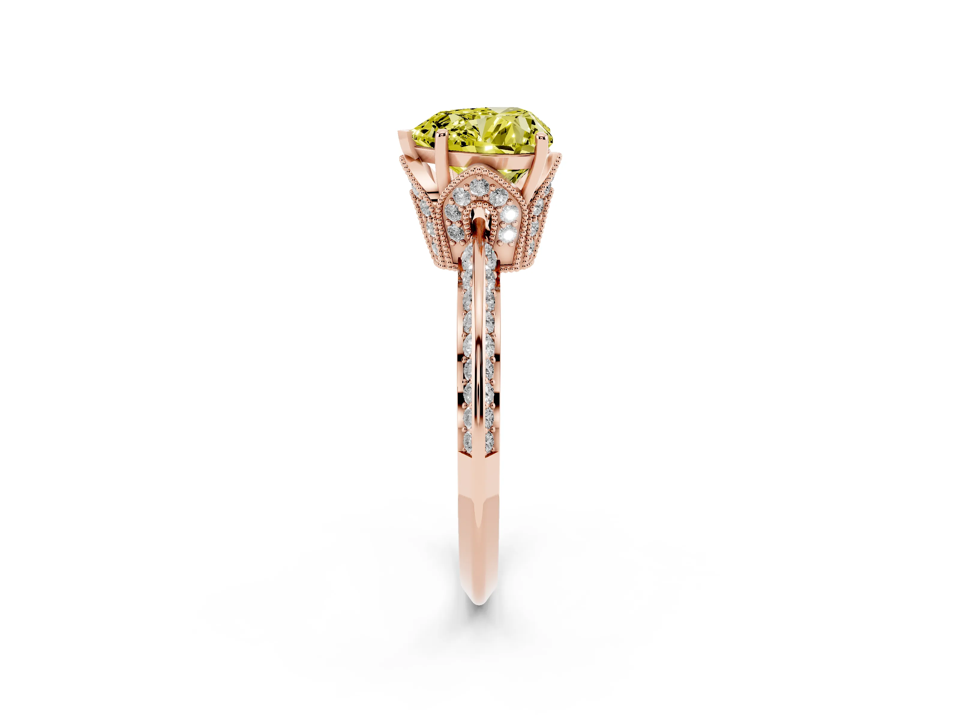 Fancy Yellow Heart Cut Diamond Solitaire Engagement Ring Set in Rose gold with Pavé Split Shank and Prong Setting