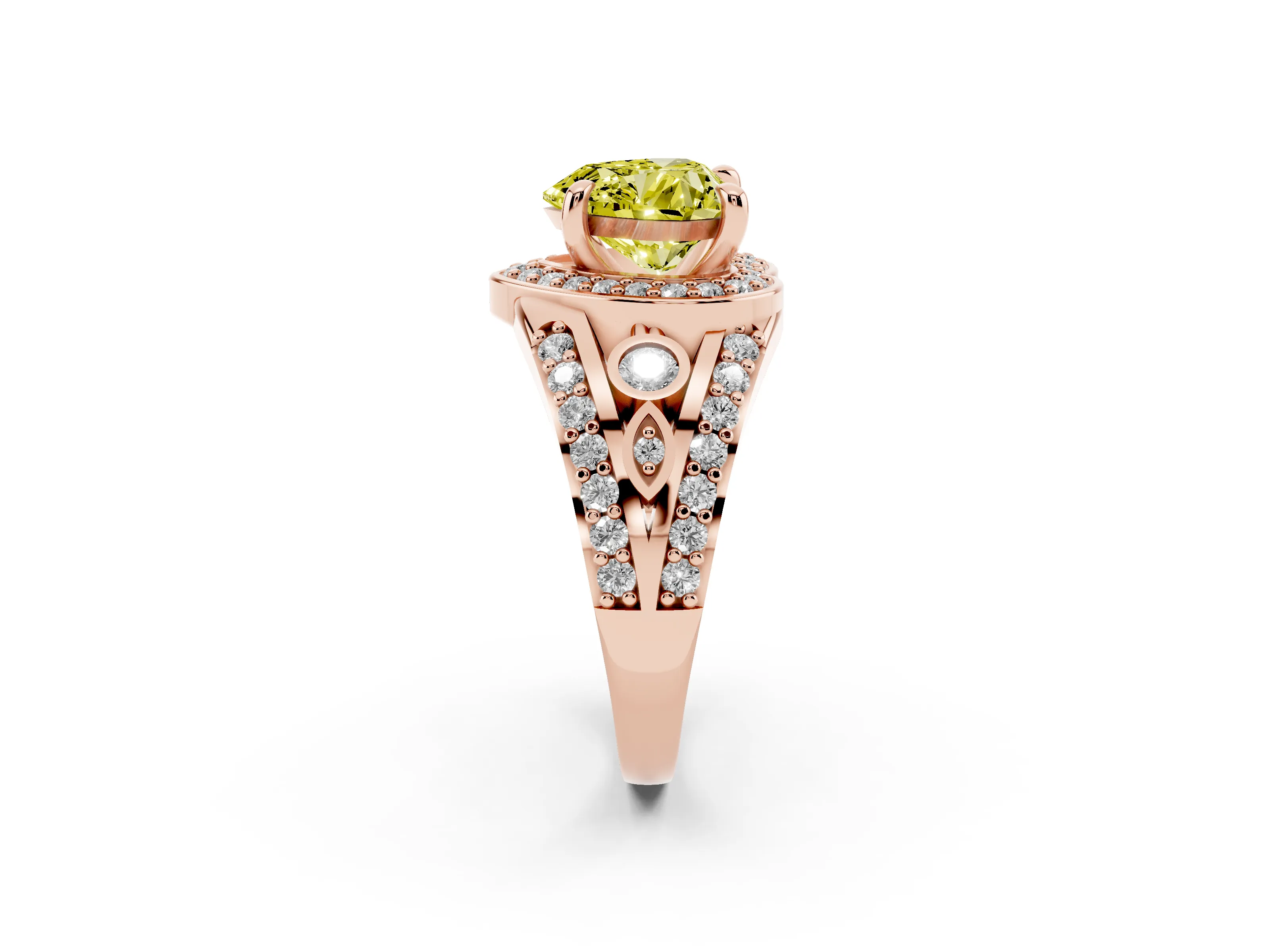 Fancy Yellow Heart Cut Diamond Halo Ring Set in Rose gold with Pavé Split Shank and Bezel Accents