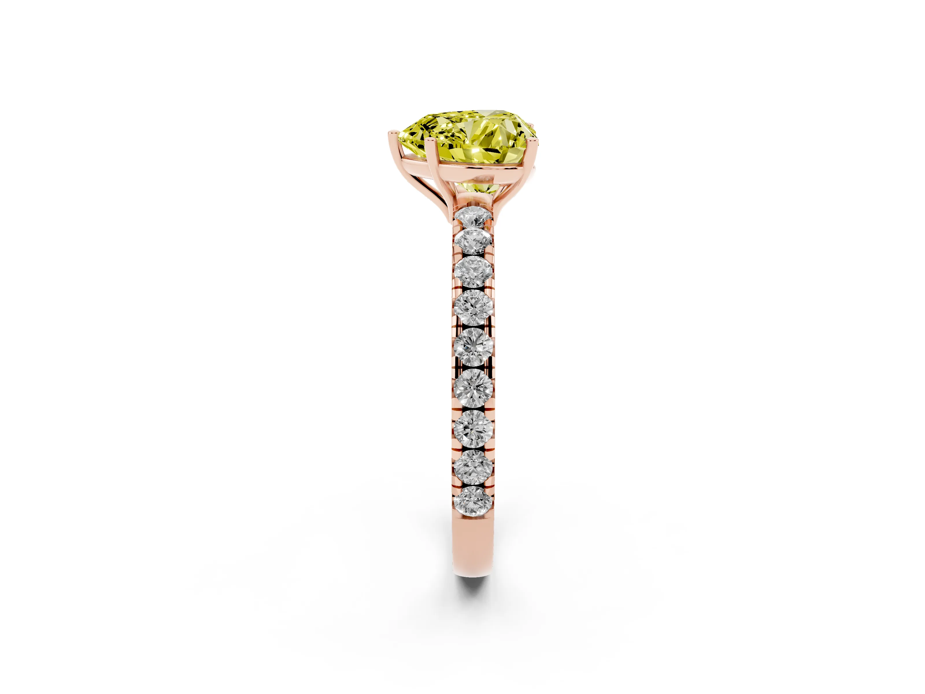 Fancy Yellow Heart Cut Diamond Pavé Solitaire Engagement Ring Set in Rose gold with Prong Setting