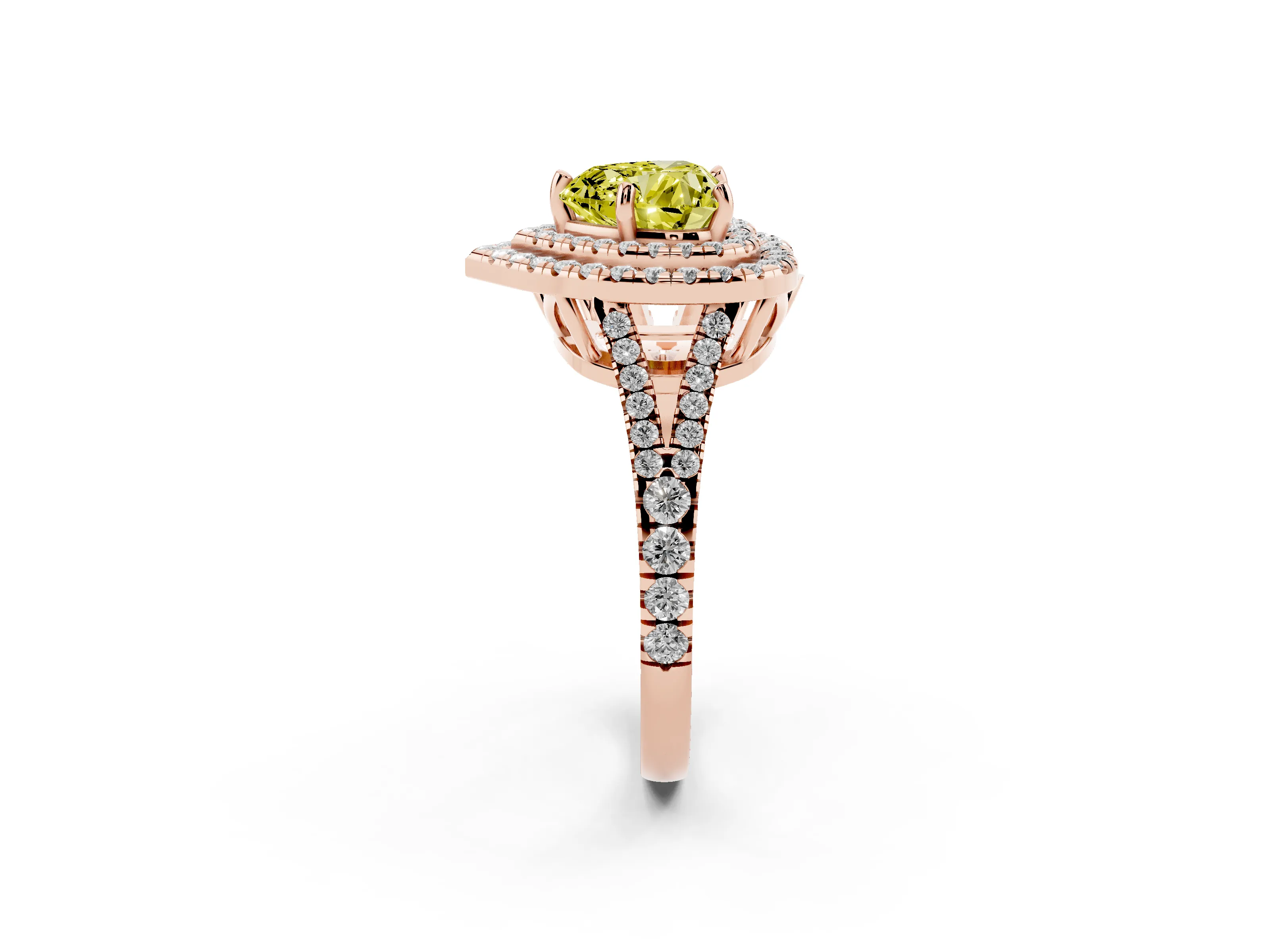 Fancy Yellow Heart Cut Diamond Double Halo Ring Set in Rose gold with Pavé Band