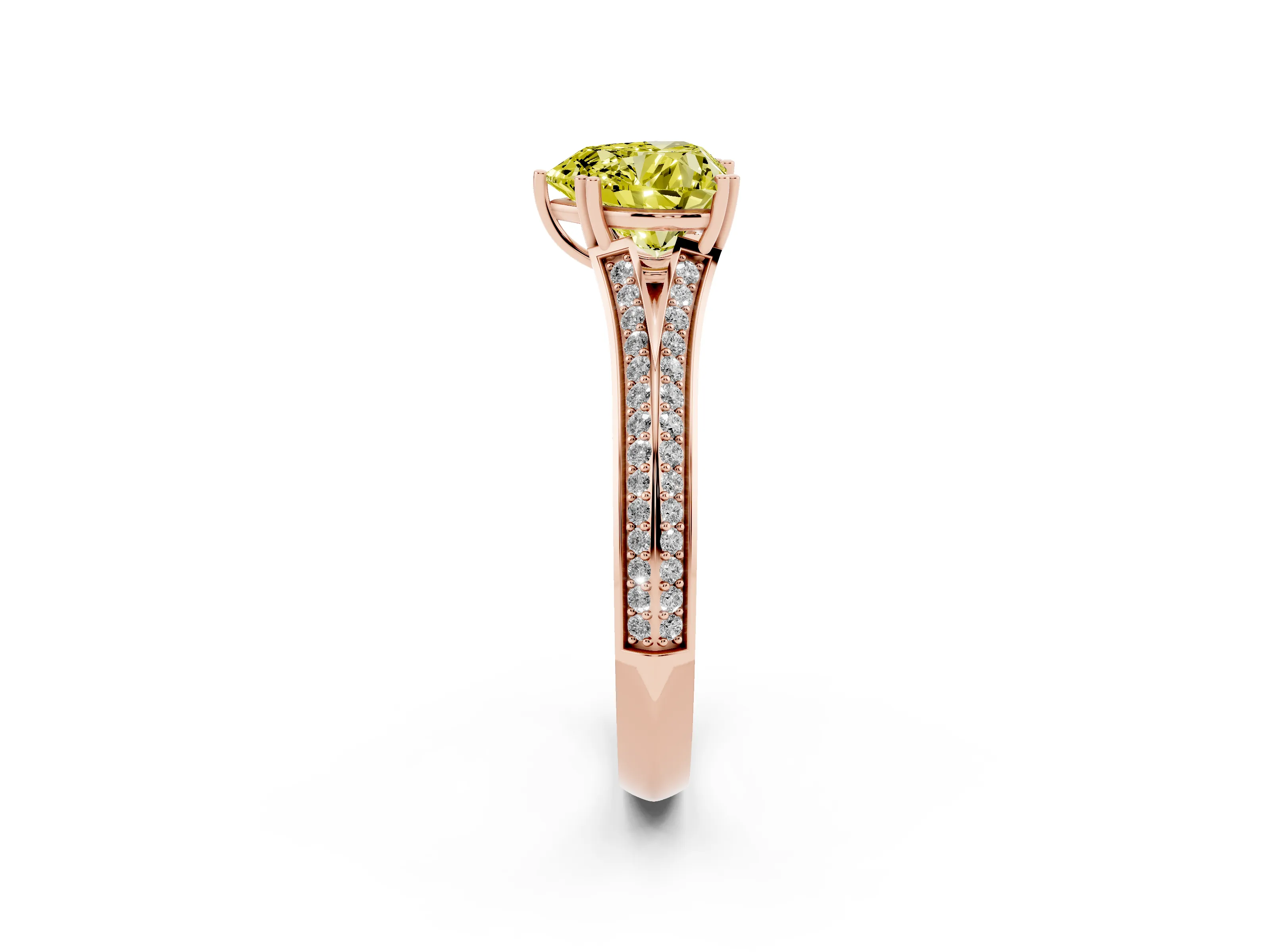 Fancy Yellow Heart Cut Diamond Split Shank Pavé Engagement Ring Set in Rose gold with Prong-Set Center Stone