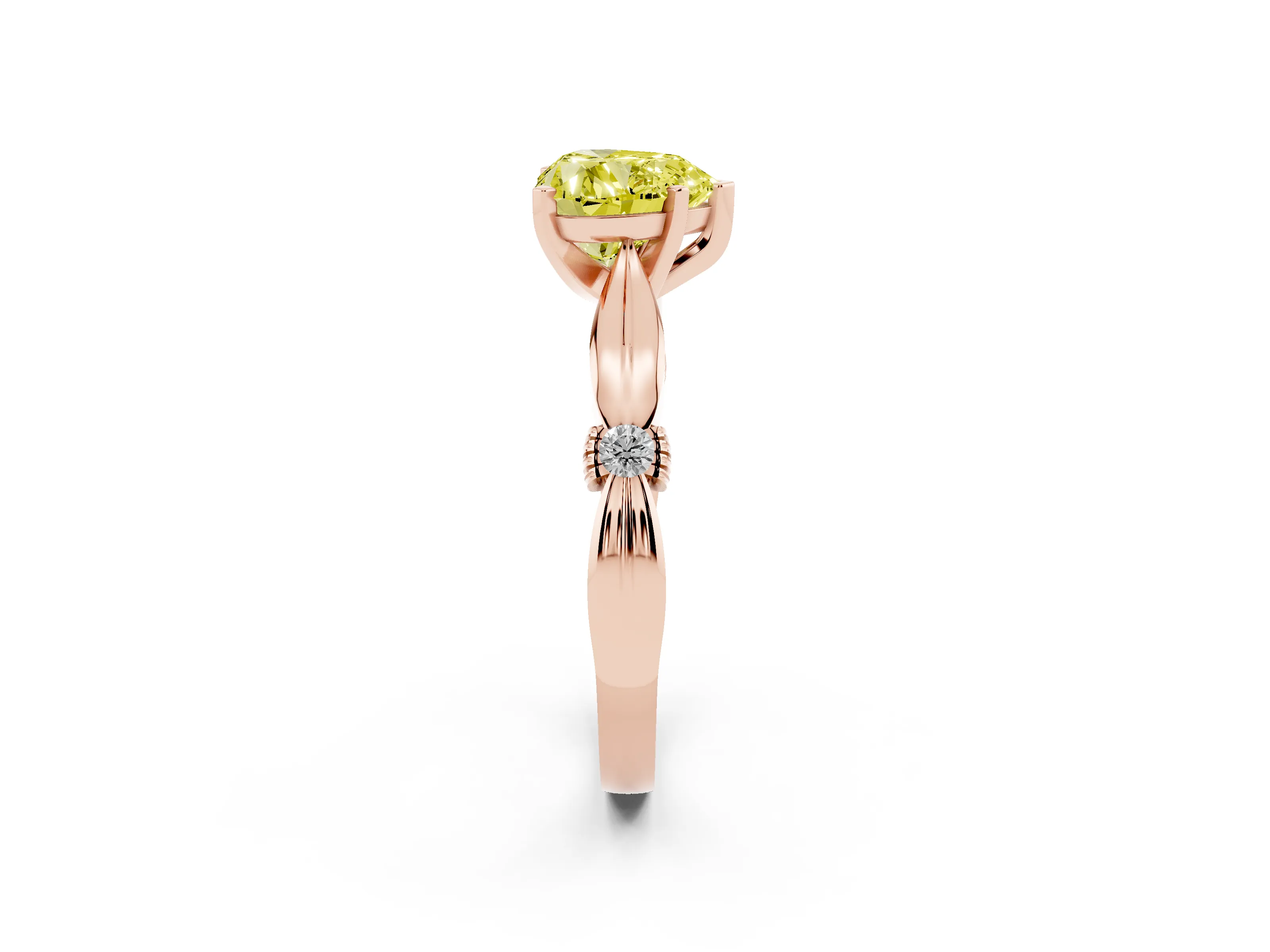 Fancy Yellow Heart Cut Diamond Solitaire Twisted Band Ring Set in Rose gold with Accent Stones and Prong Setting