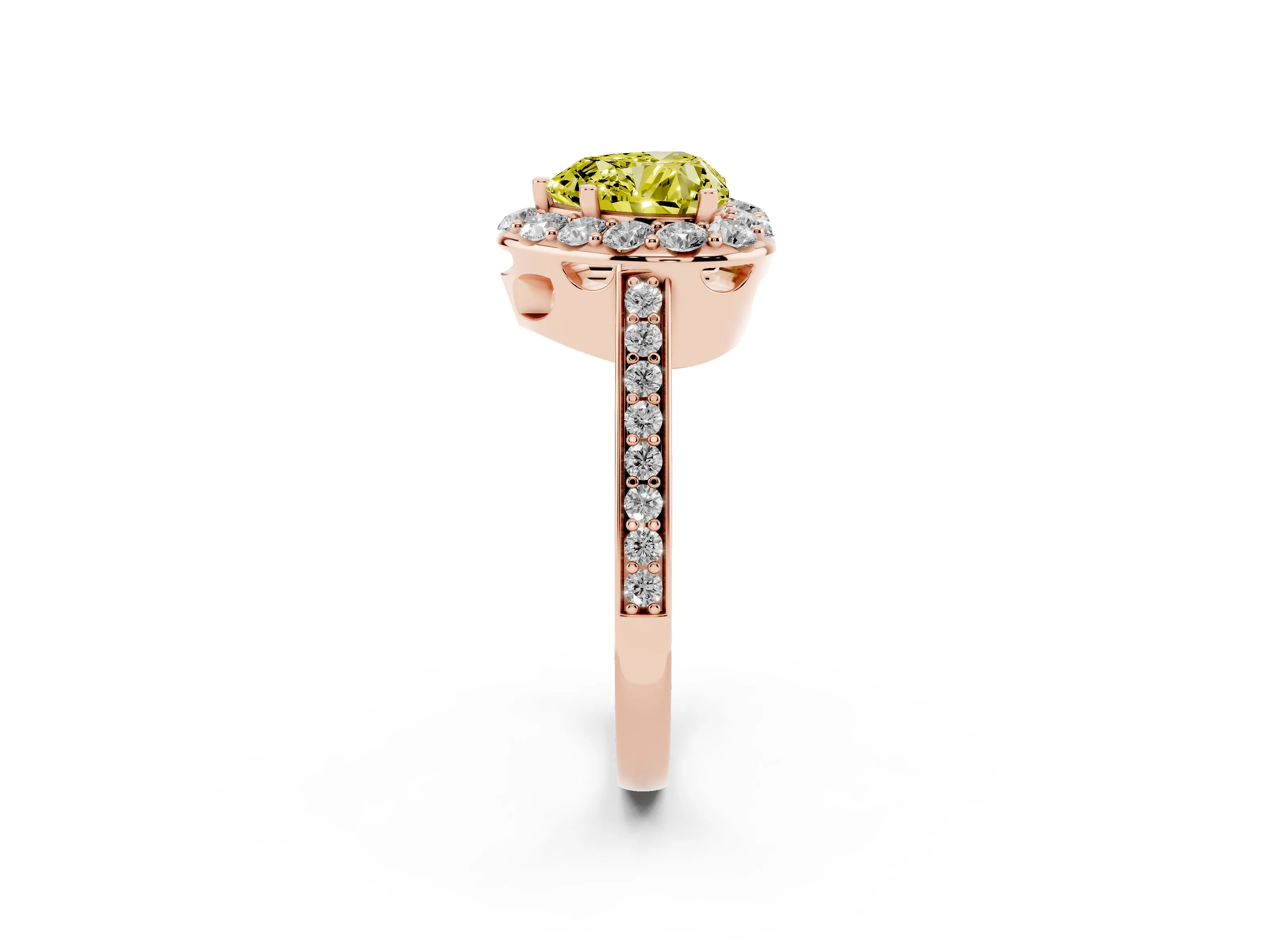 Fancy Yellow Heart Cut Diamond Floral Halo Ring Set in Rose gold with Pavé Band and Prong Setting