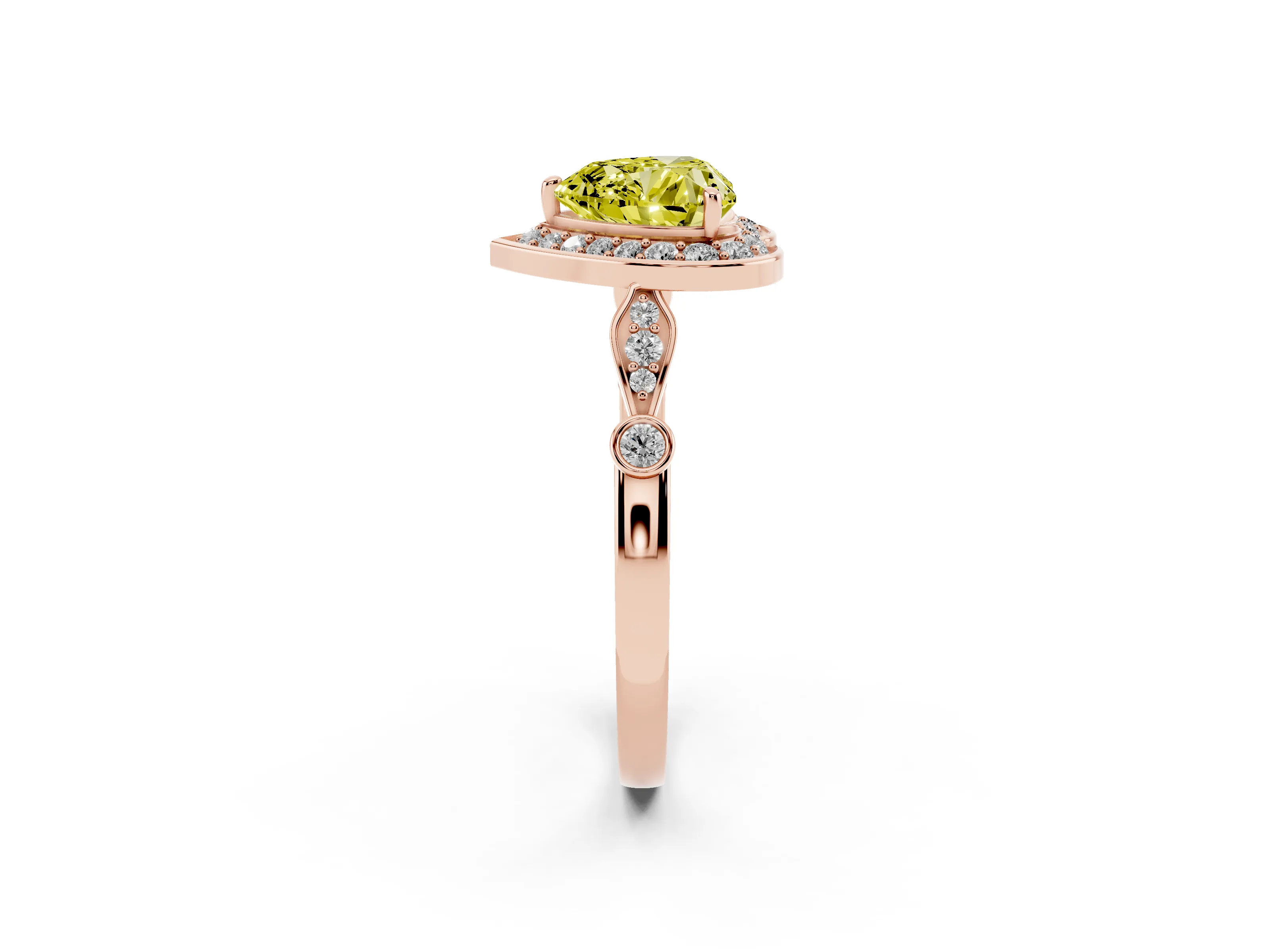 Fancy Yellow Heart Cut Diamond Halo Engagement Ring Set in Rose gold with Twisted Band and Prong Setting