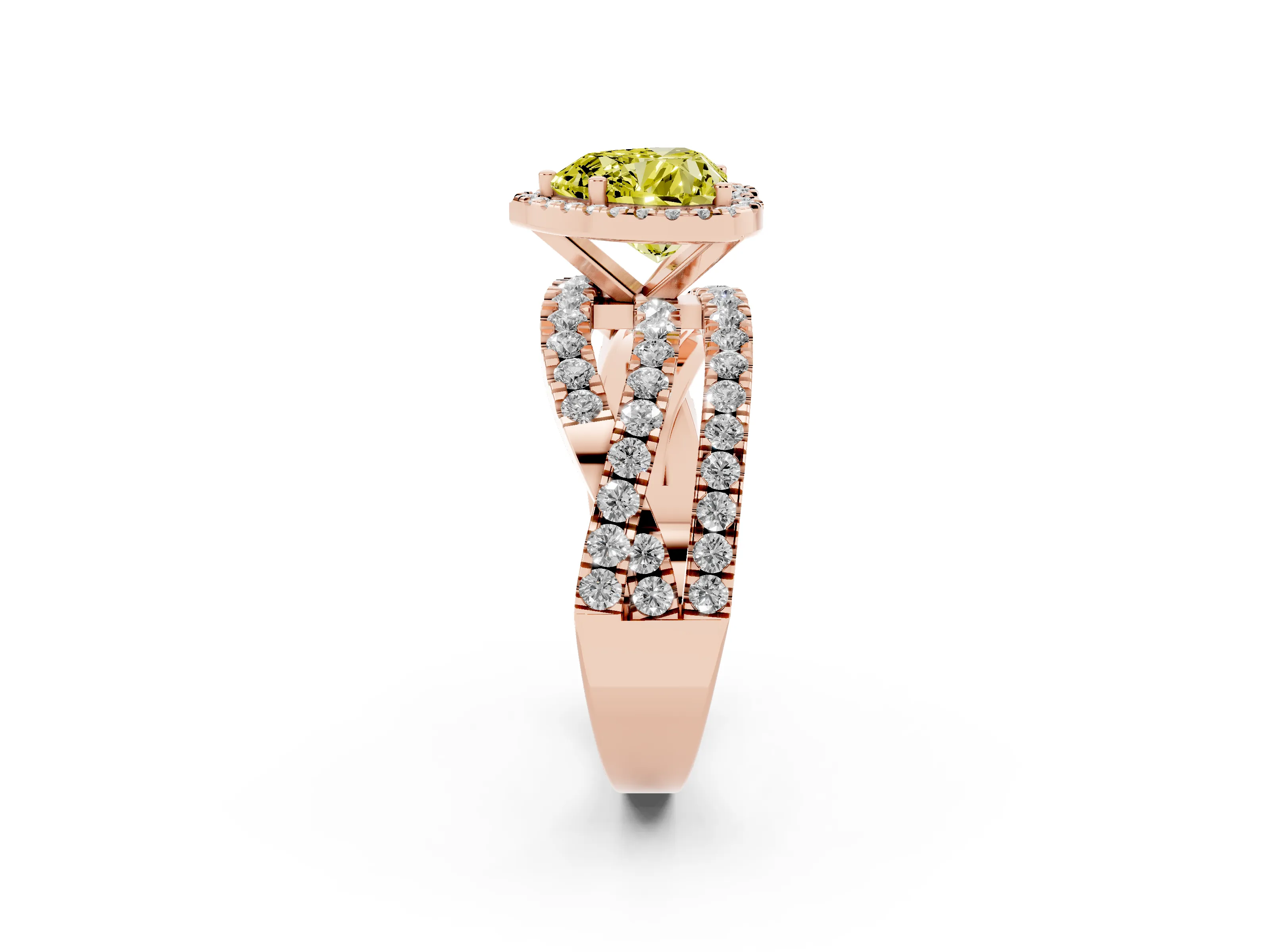 Fancy Yellow Heart Cut Diamond Halo Ring Set in Rose gold with Round Crossover Split Shank and Prong Setting