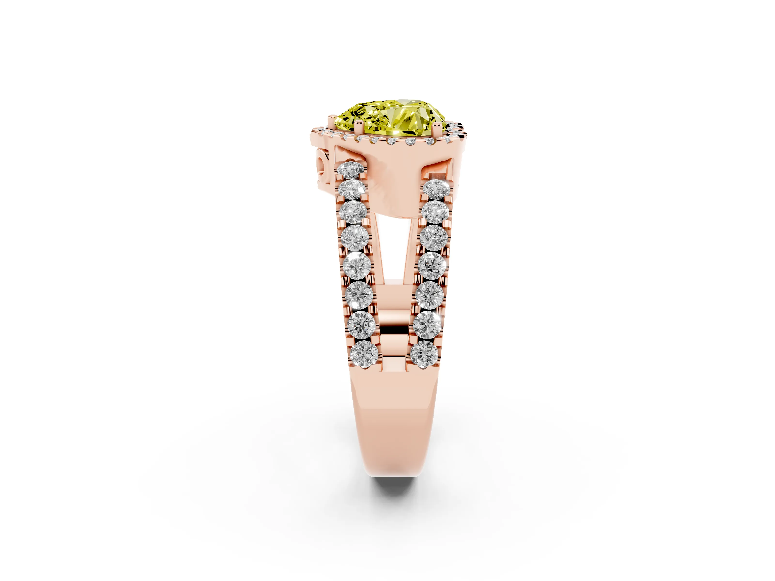 Fancy Yellow Heart Cut Diamond Halo Ring Set in Rose gold with Pavé Split Shank and Prong Setting