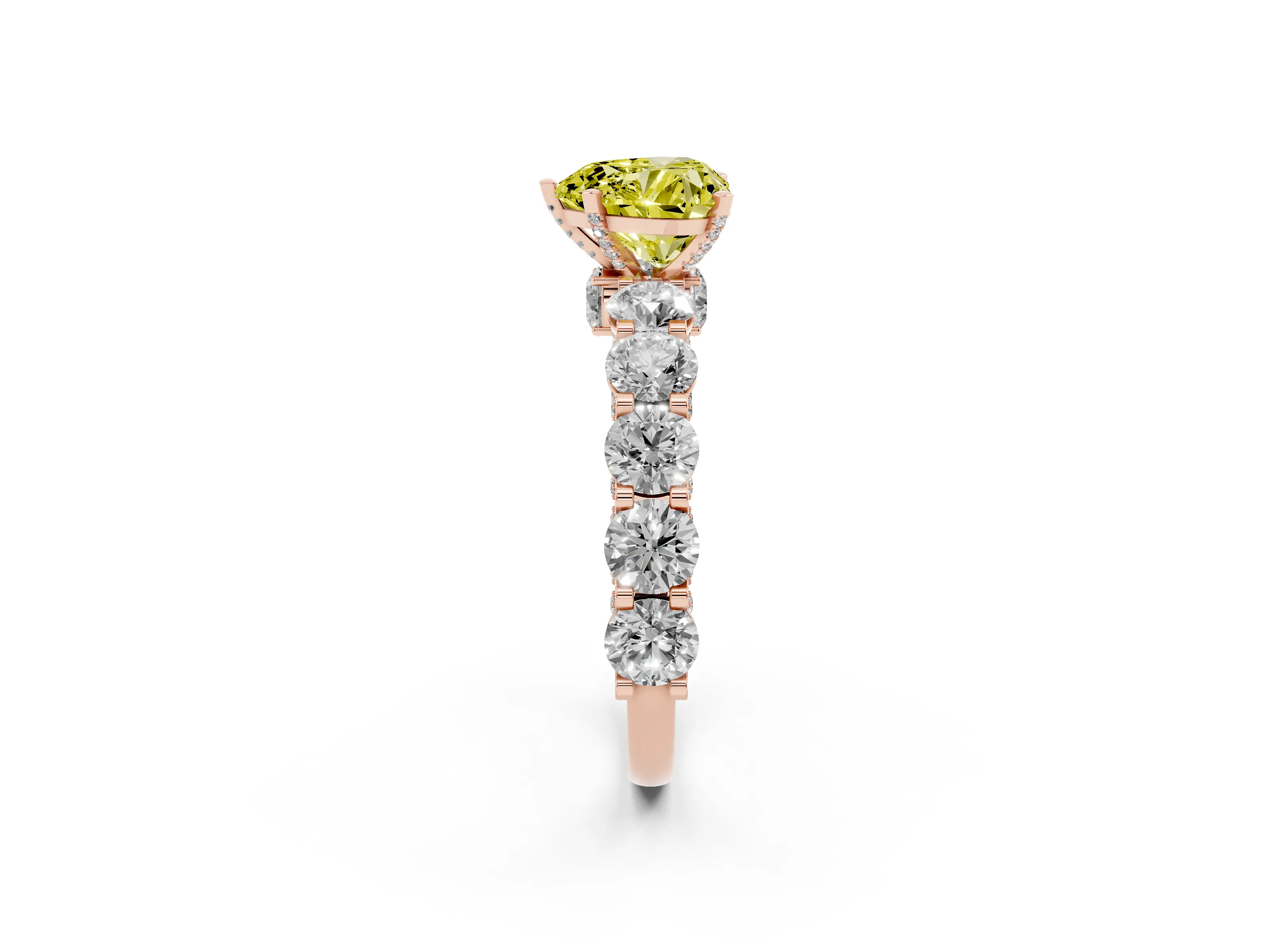 Fancy Yellow Heart Cut Diamond Side Stone Ring Set in Rose gold with Alternating Round and Oval Side Stones