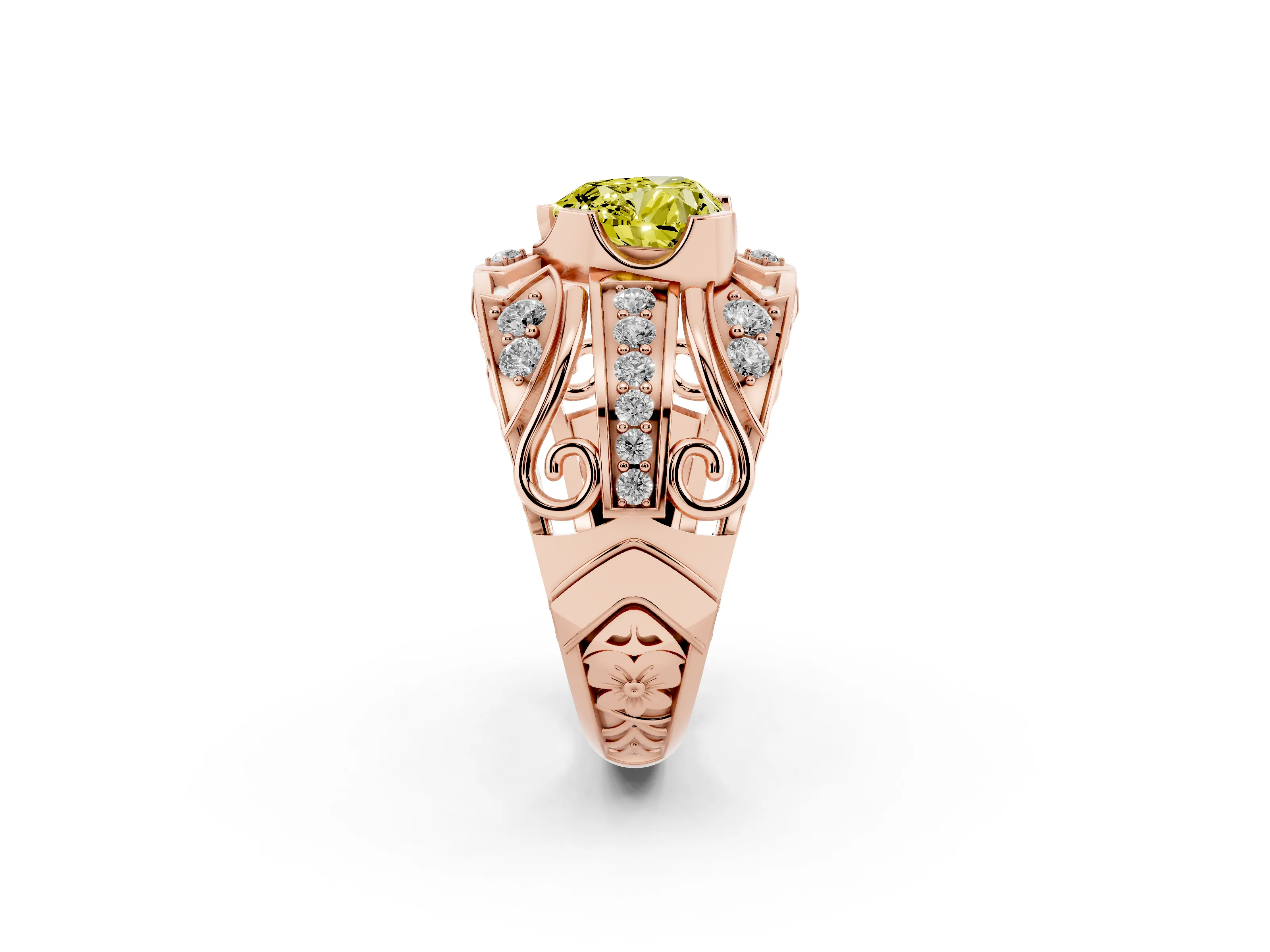 Fancy Yellow Heart Cut Diamond Art Deco Ring Set in Rose gold with Pavé Split Shank