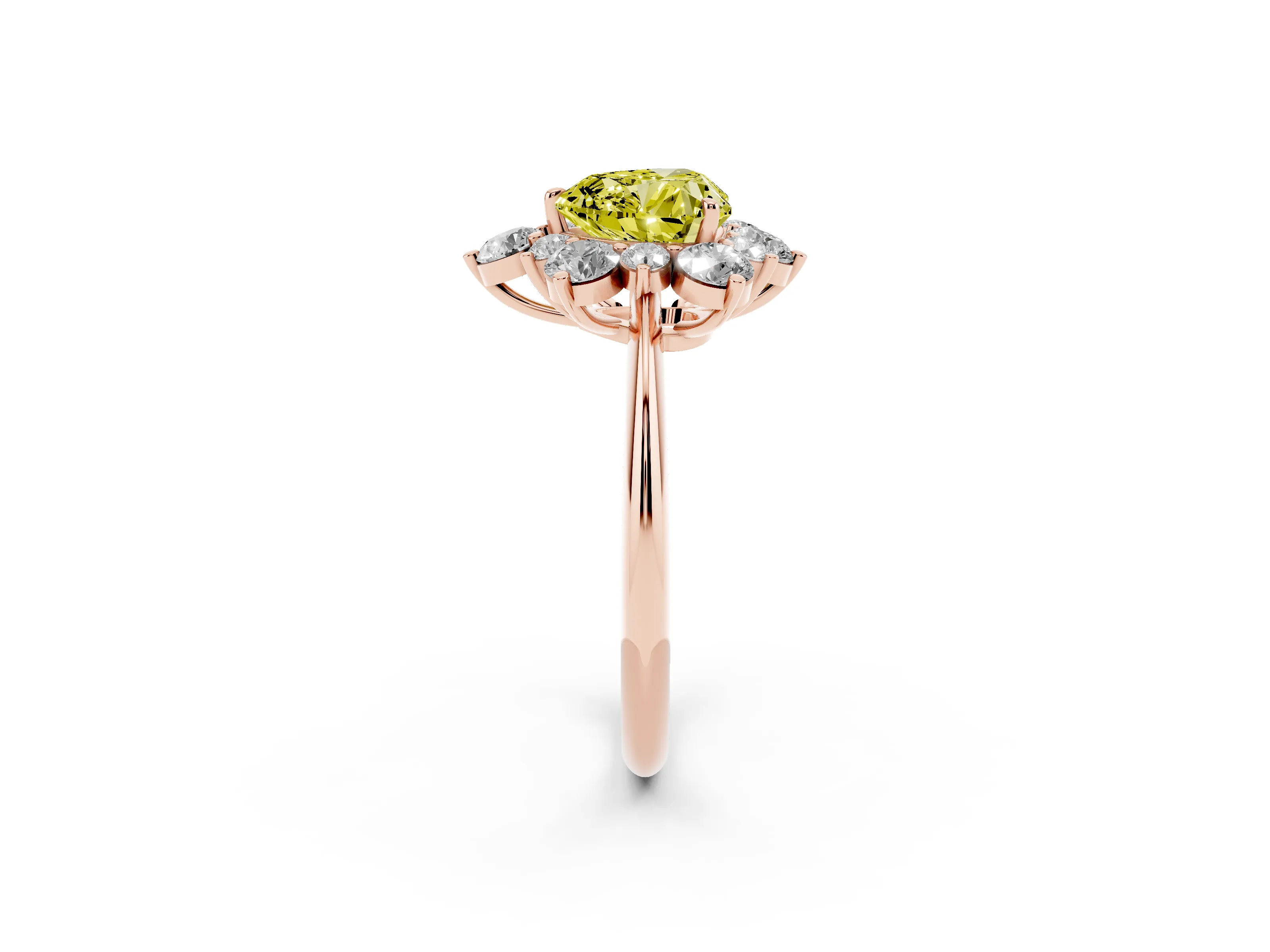 Fancy Yellow Heart Cut Diamond Cluster Halo Ring Set in Rose gold with Solitaire Band and Prong Setting