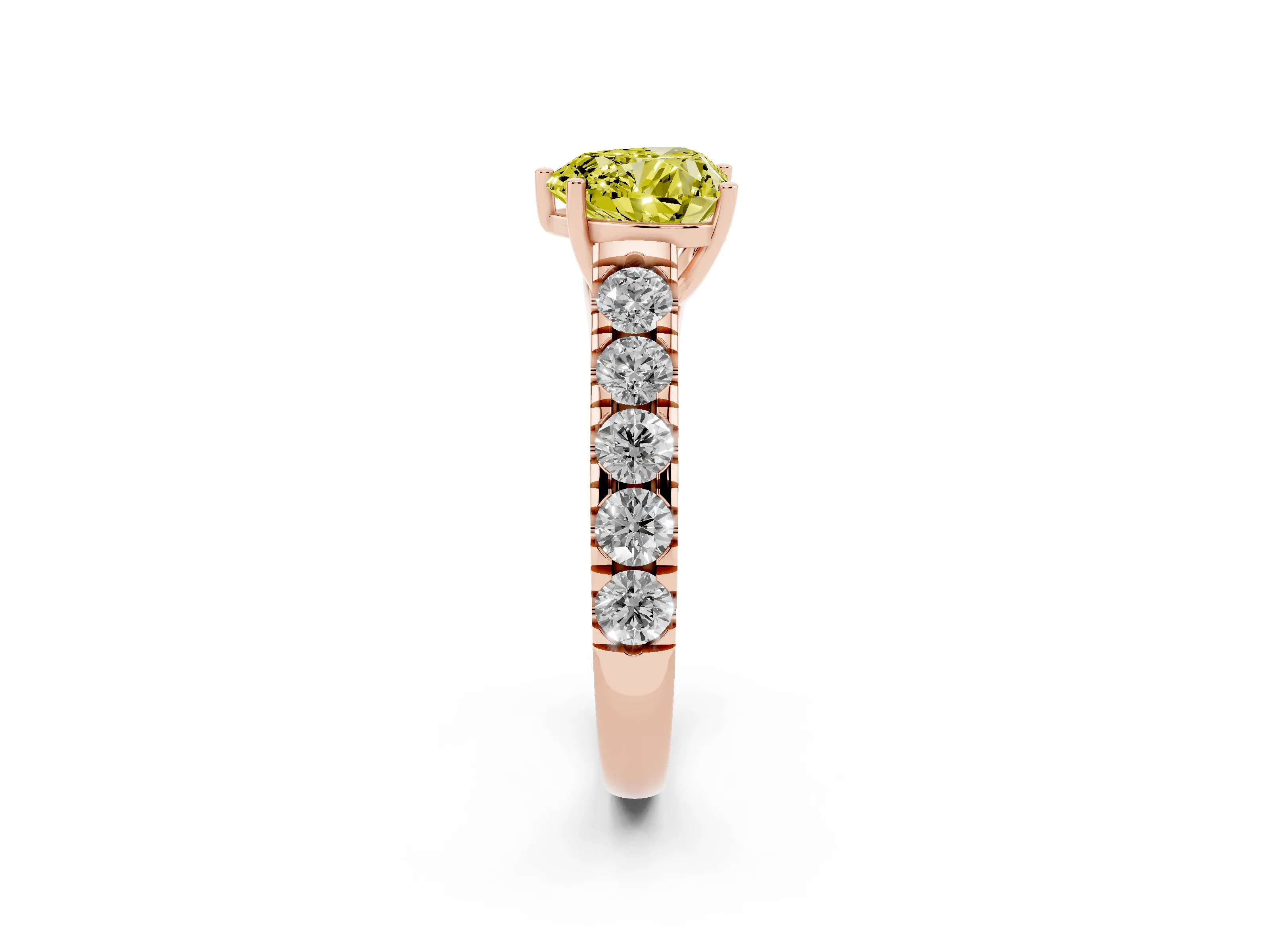 Fancy Yellow Heart Cut Diamond Solitaire Ring Set in Rose gold with Cut-Down Micro Pavé Band and Prong Setting