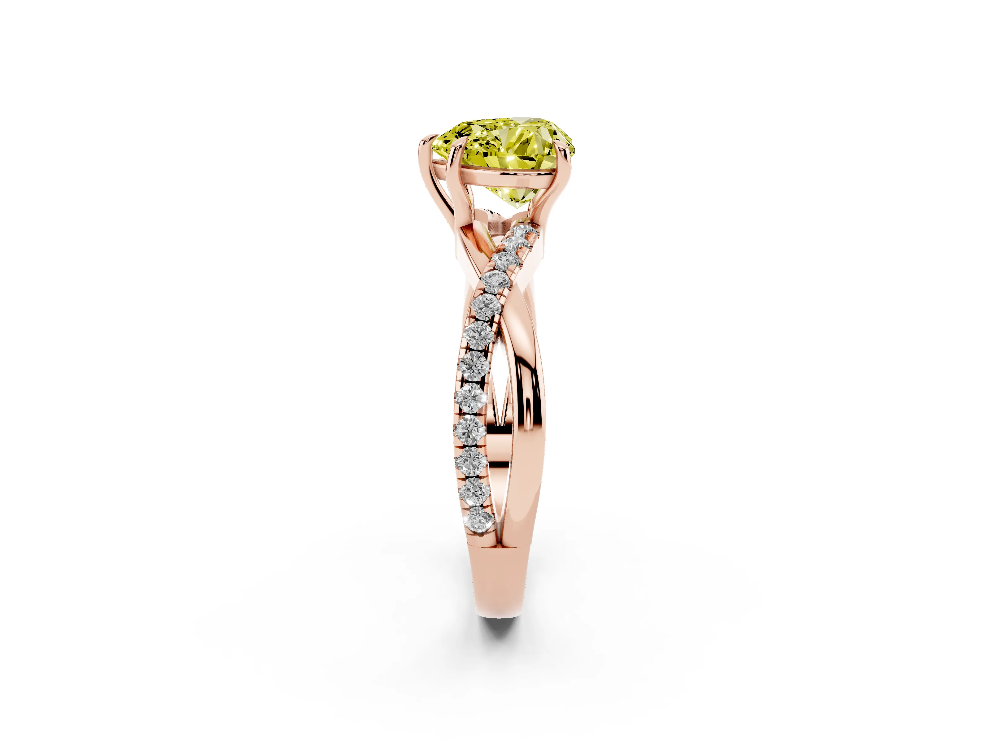 Fancy Yellow Heart Cut Diamond Twisted Pavé Band Ring Set in Rose gold with Prong Setting