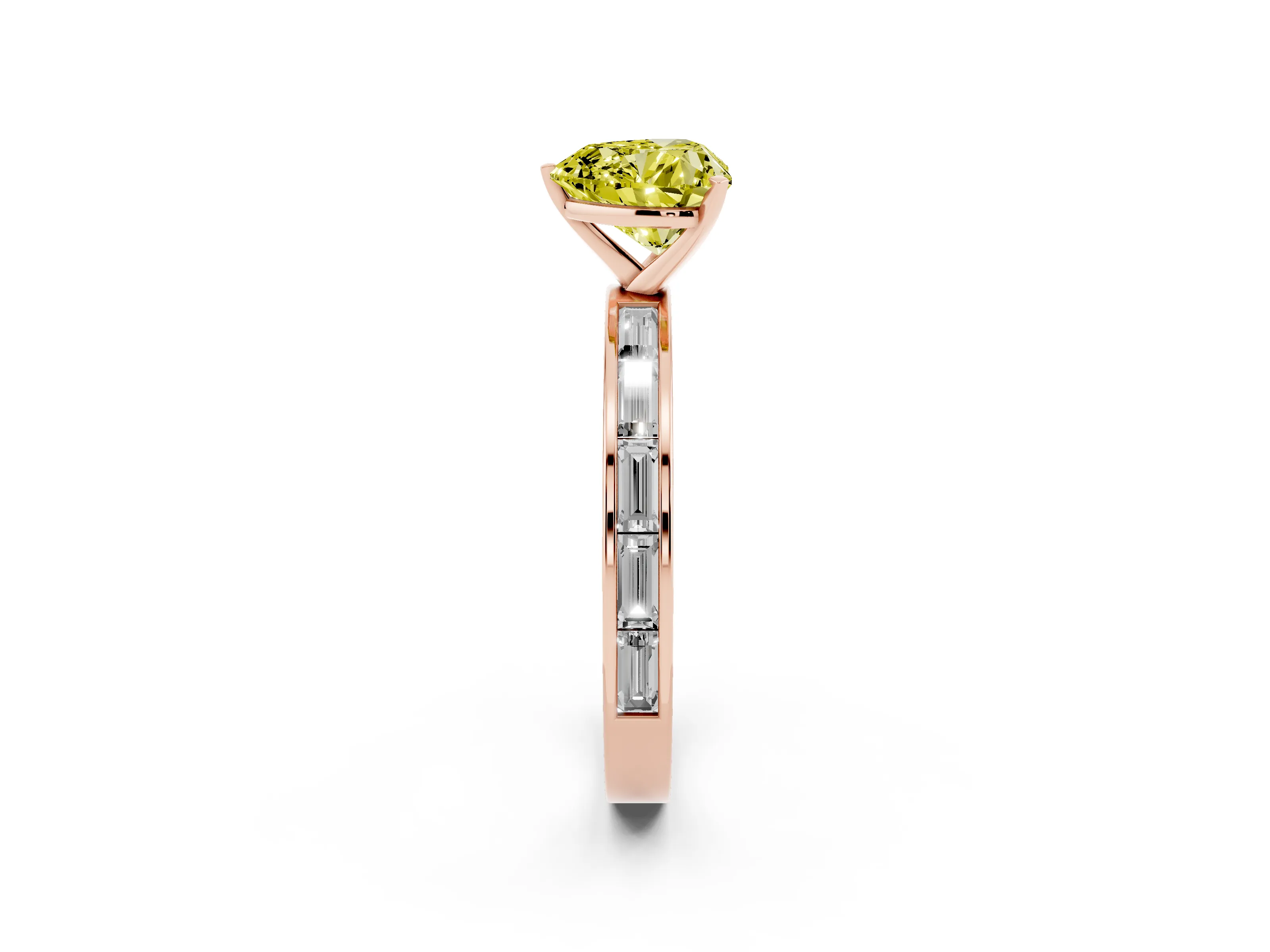 Fancy Yellow Heart Cut Diamond Solitaire Ring Set in Rose gold with Channel-Set Baguette Band and Prong Setting