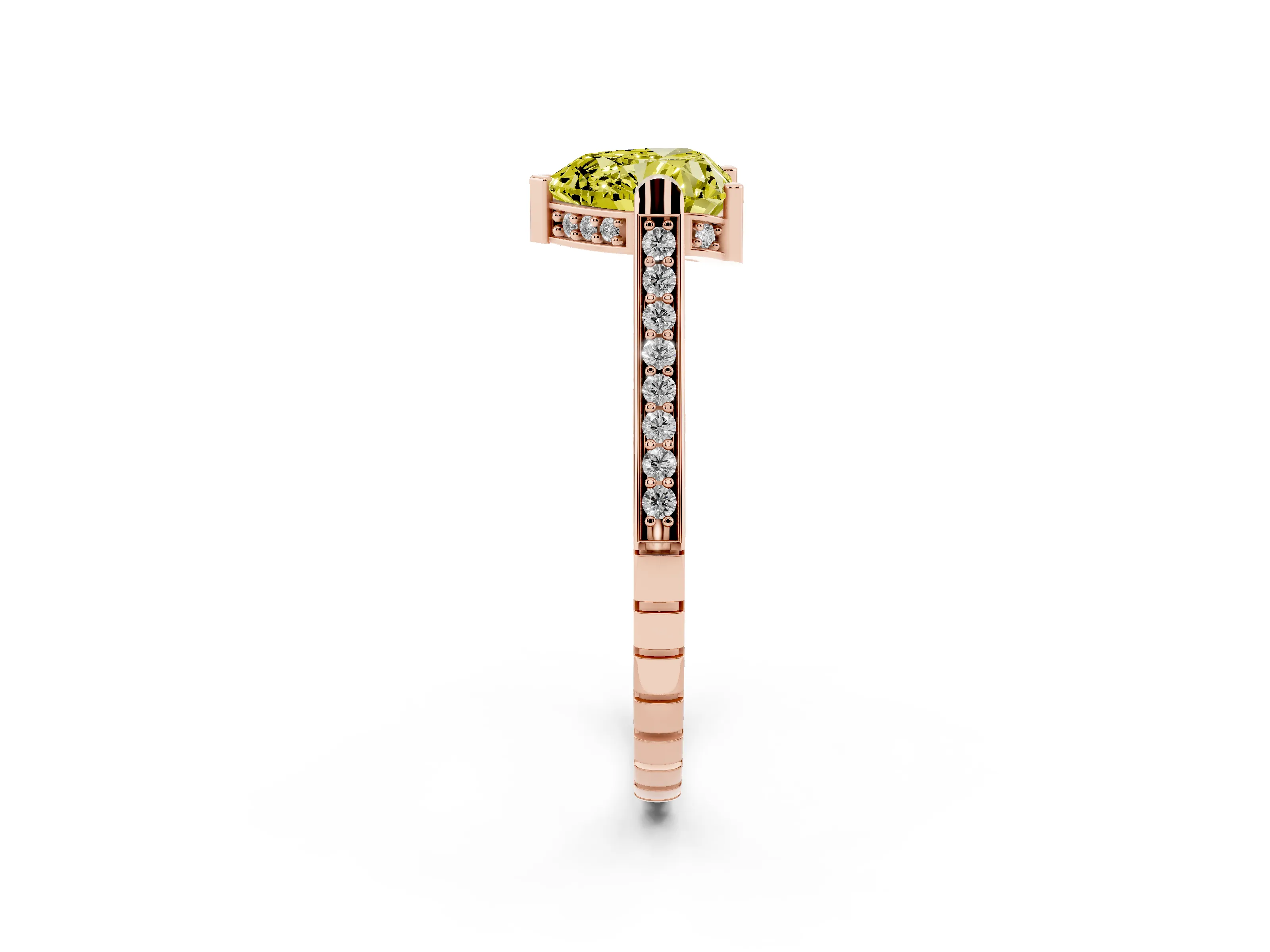 Fancy Yellow Heart Cut Diamond Solitaire Ring Set in Rose gold with Channel Set Band and Bezel Prong Setting