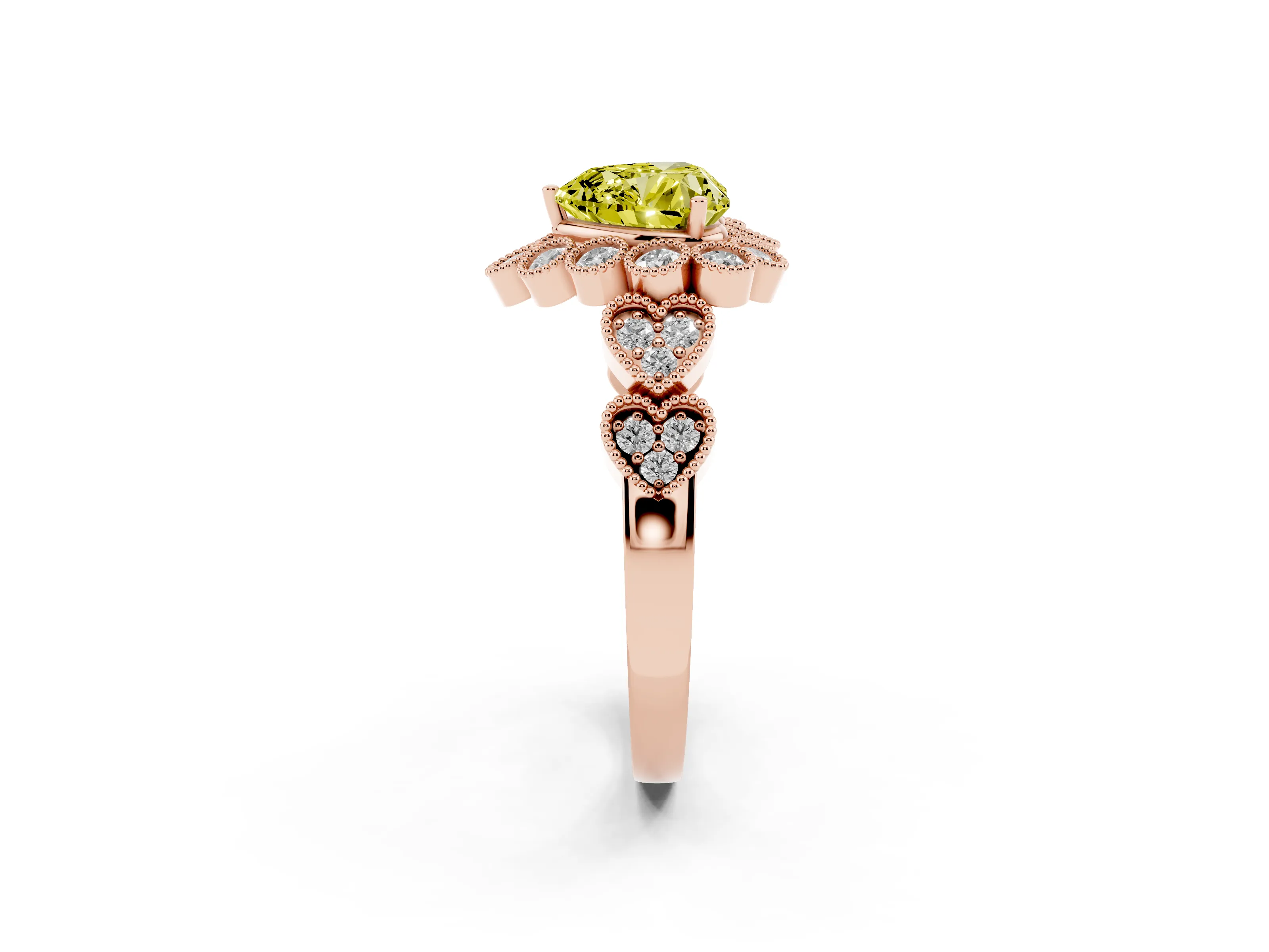 Fancy Yellow Heart Cut Diamond Solitaire Ring Set in Rose gold with Milgrain Pavé Heart Band